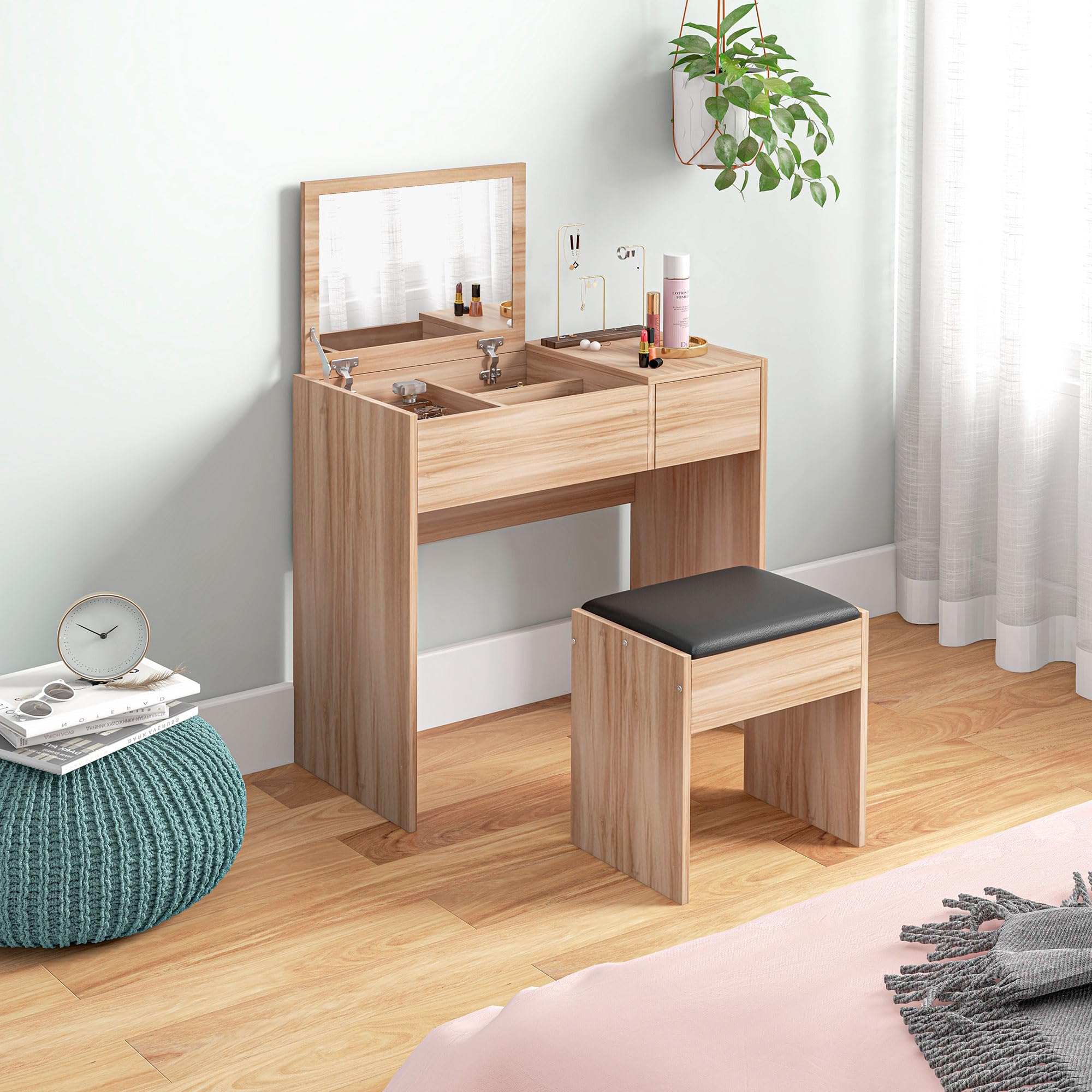 HOMCOM Makeup Vanity with Stool, Flip Mirror & Storage - 80x40x79cm for Home Beauty