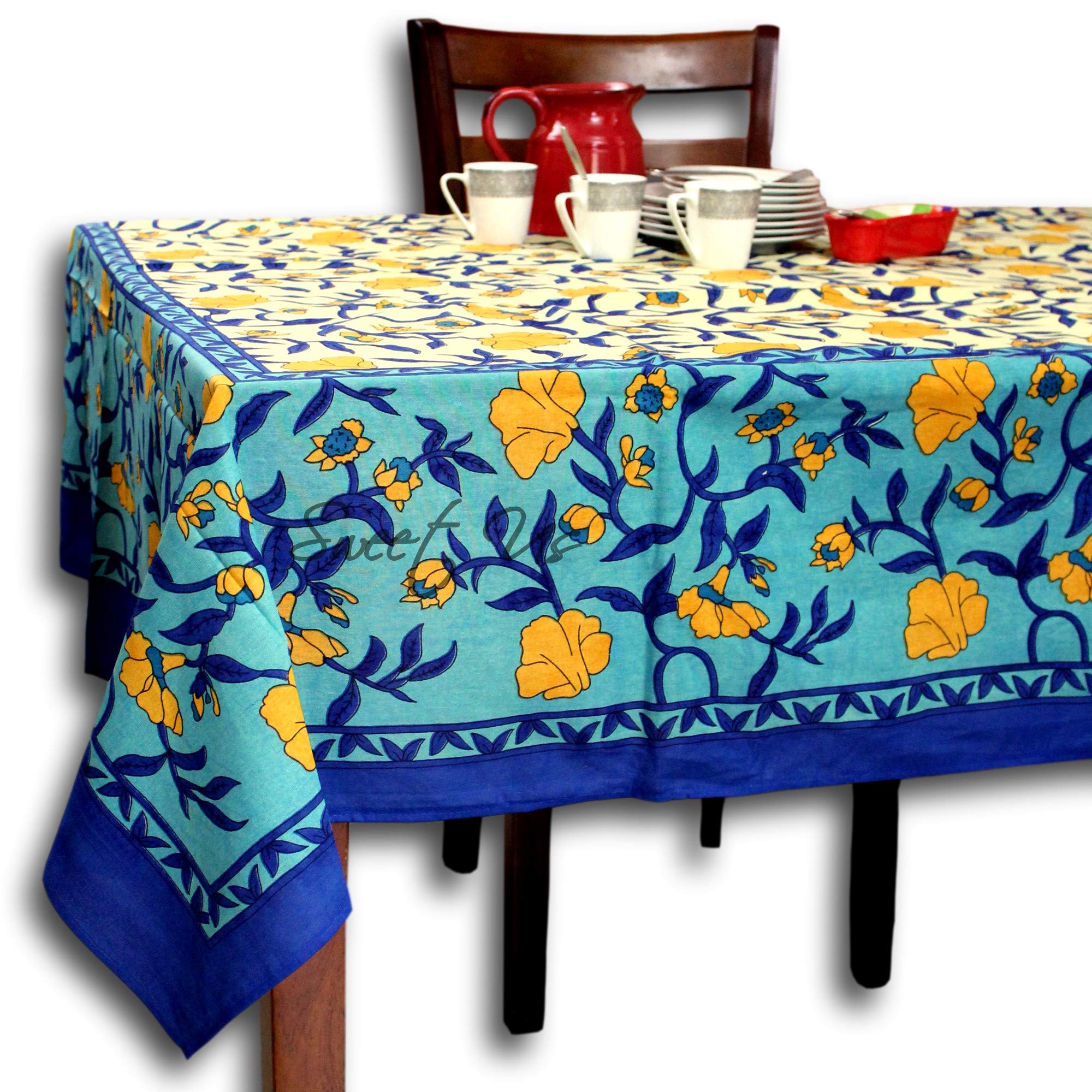Blue Gold Beige Floral Vine Cotton Tablecloth 70x104 Inch - Rectangle Table Cover for Dining Room, Kitchen, Party & Outdoor Picnic - Washable & Wrinkle-Resistant