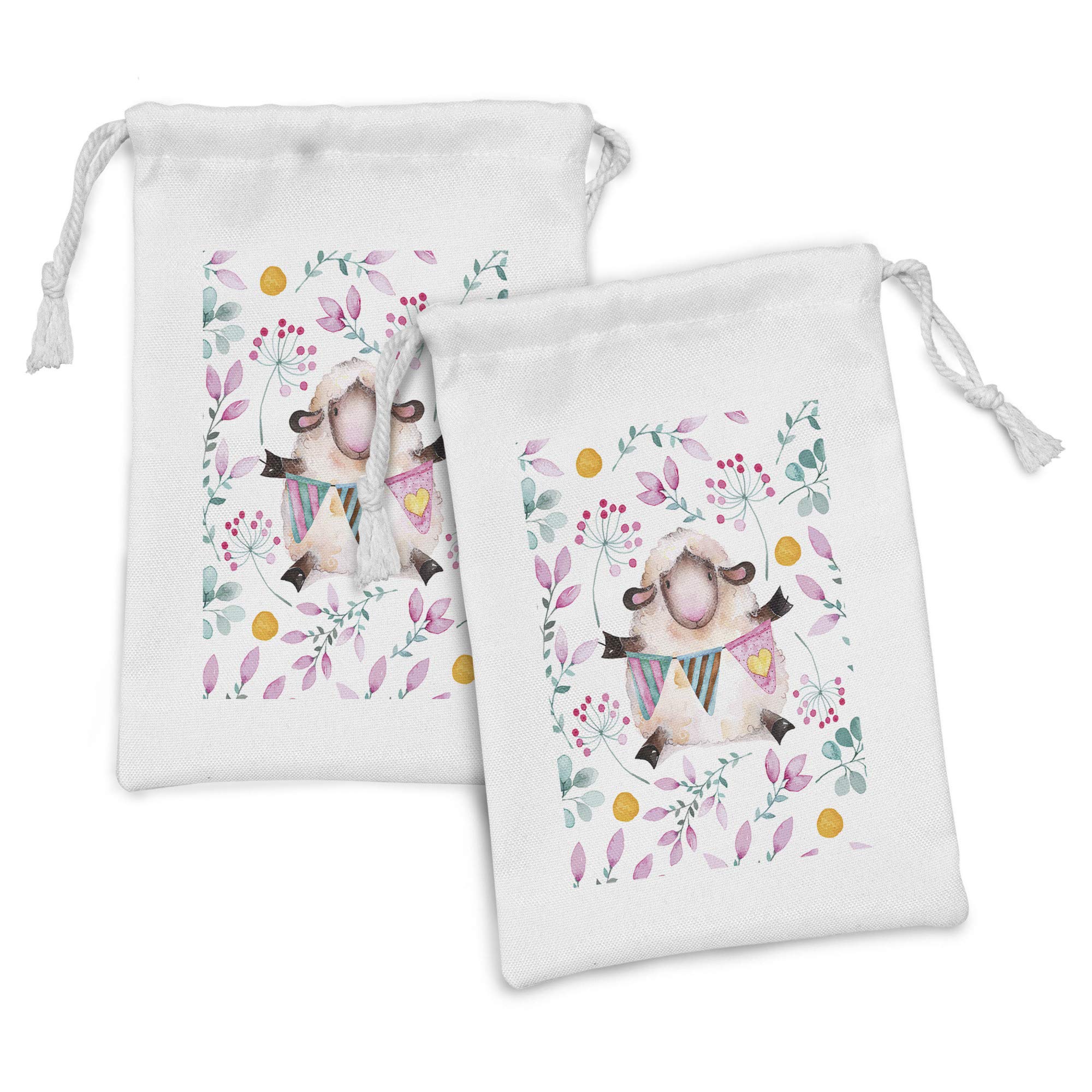 Ambesonne Modern Fabric Pouch Set of 2 - Watercolor Romantic Sheep & Floral Print Drawstring Bags (9