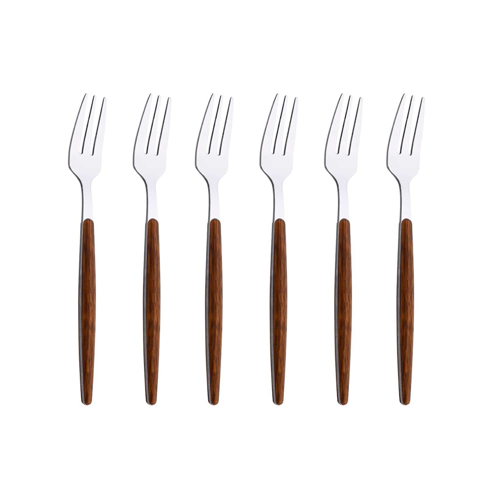 6-Piece Stainless Steel Dessert Forks Set - Mirror Polished Mini Fruit & Cake Forks with Wooden Handle (6.18 Inch) - Perfect for Wedding, Home Party, Restaurant & Tea Time - Dishwasher Safe