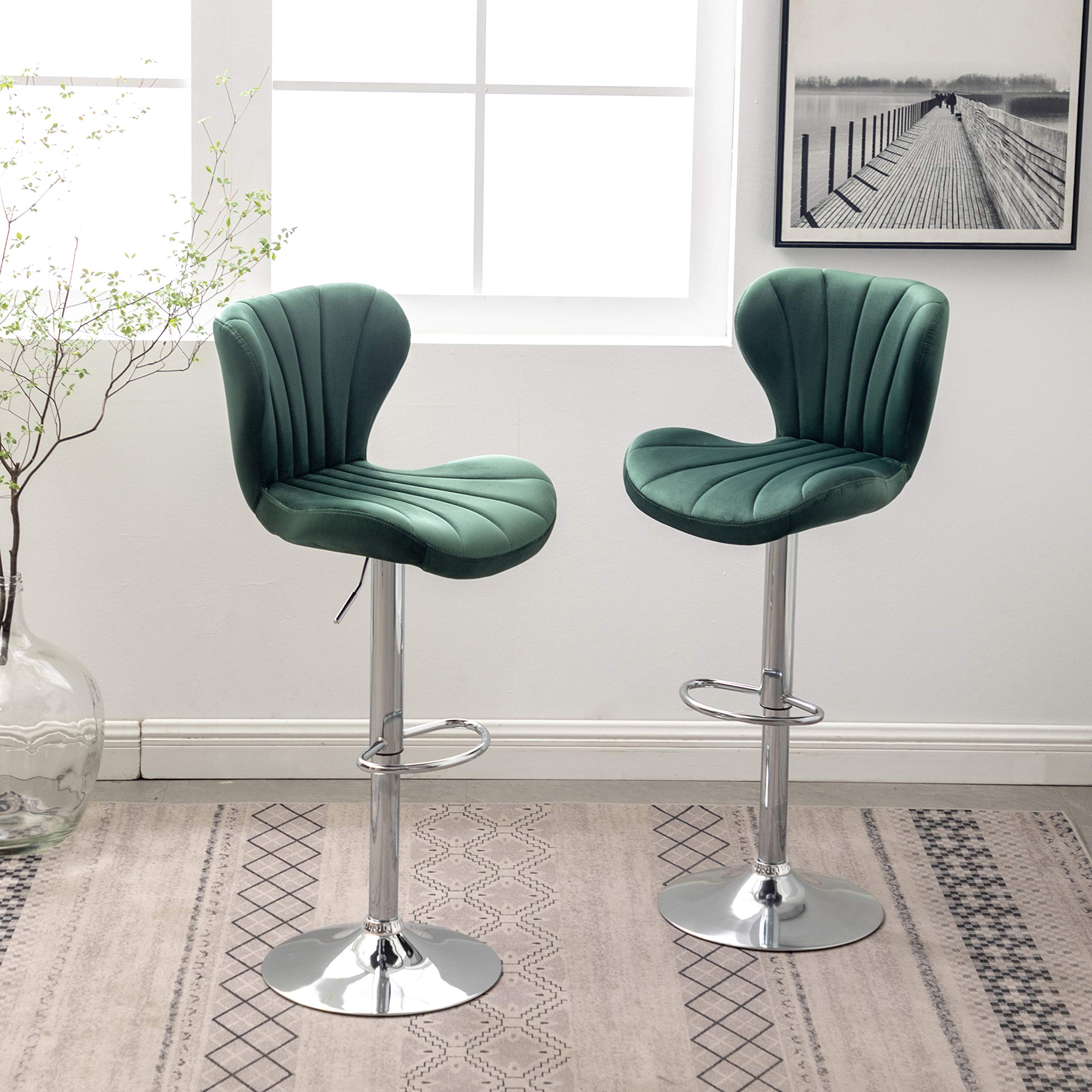 Roundhill Furniture Ellston Velvet Adjustable Swivel Bar Stools - Set of 2, Green Velvet Upholstery, Counter Height Stools for Kitchen Island, Bar or Breakfast Nook