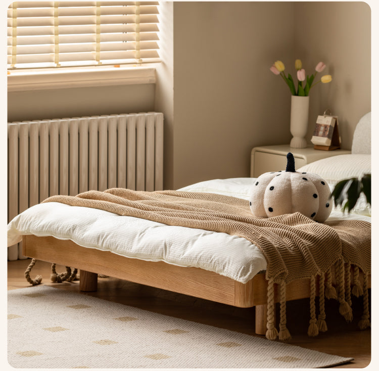 Premium Oak Solid Wood Lamb Fleece Soft Suspension Cream Bed - Cozy & Supportive Sleeping Solution for Modern Bedrooms, Guest Rooms & Nursery Decor