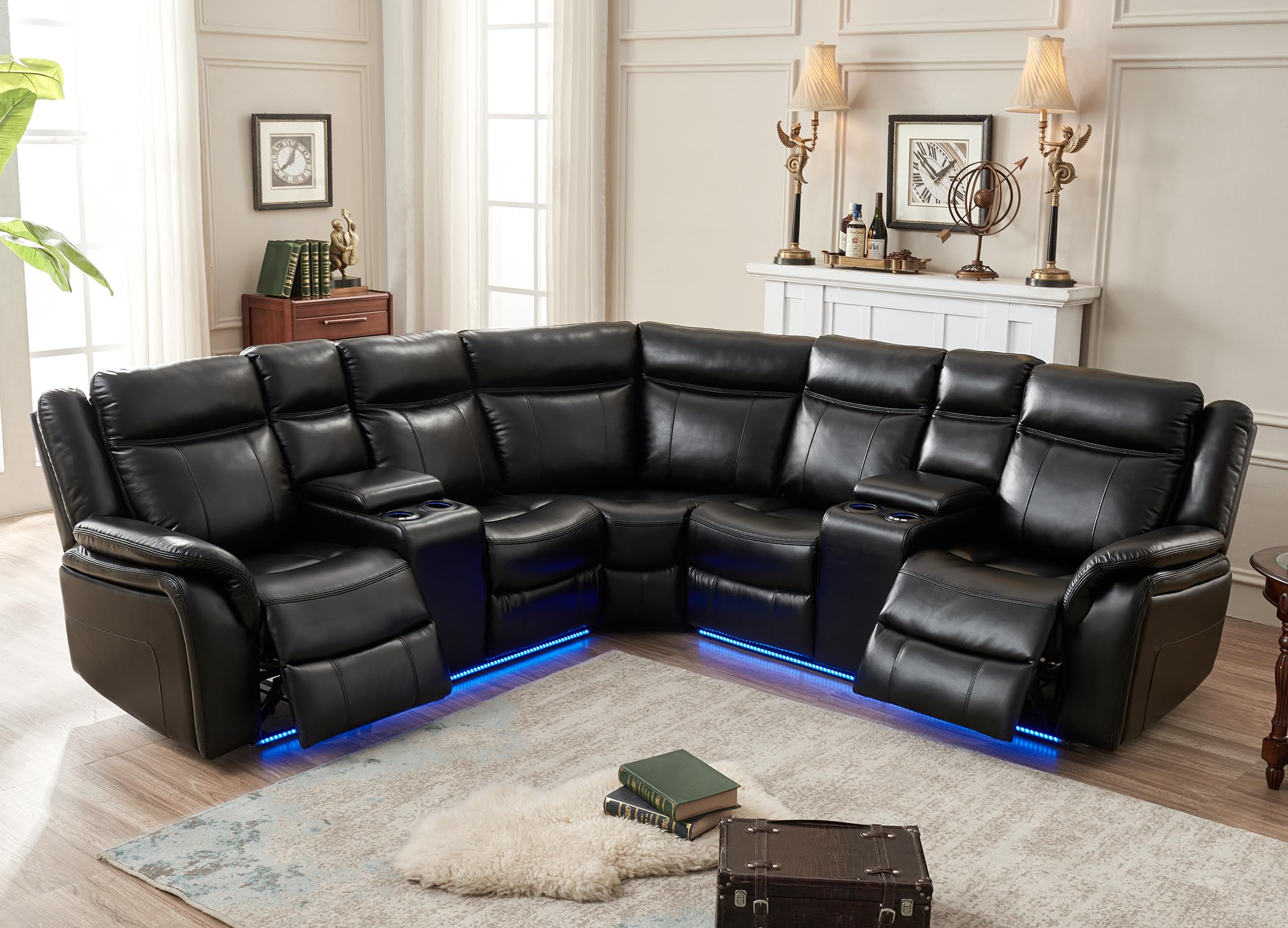 Power Recliner Sectional Sofa with LED Lights, USB Charger & Cup Holders - Faux Leather Reclining Corner Couch Set with 2 Home Theater Seats & Storage Console - Black - Perfect for Living Room, Home Theater & Family Movie Nights