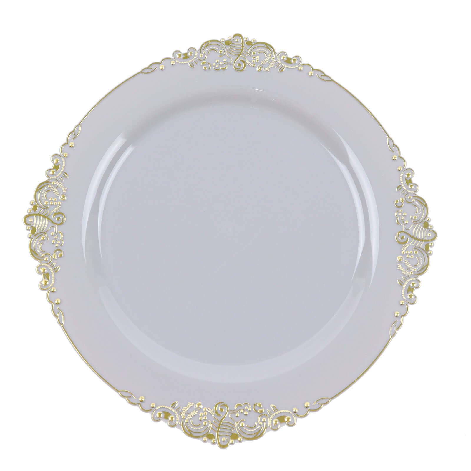 10 Pack Disposable Gray Plastic Dessert Plates with Gold Leaf Embossed Rim - Vintage Baroque Style 8 Inch Round Salad Plates for Parties, Weddings, and Elegant Dining Events