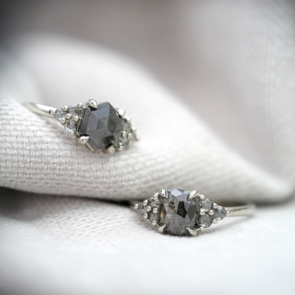 Cleo Hexagon Salt and Pepper Diamond Ring – Unique Vintage Style Engagement Wedding Band for Women | Perfect for Everyday Wear, Special Occasions & Gift Giving