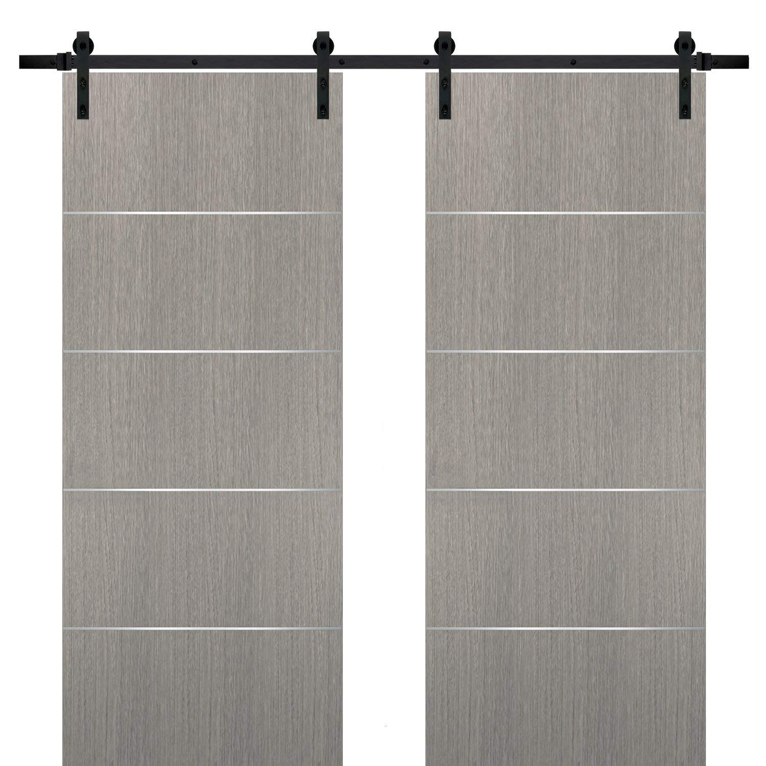 SARTODOORS 36x84 Inch Sliding Double Barn Doors with Hardware Kit - Modern Grey Oak Solid Panel Interior Door for Bedroom, Bathroom & Hallway | Top Mount 13FT Rail Hangers Set | Rustic Farmhouse Style Home Decor