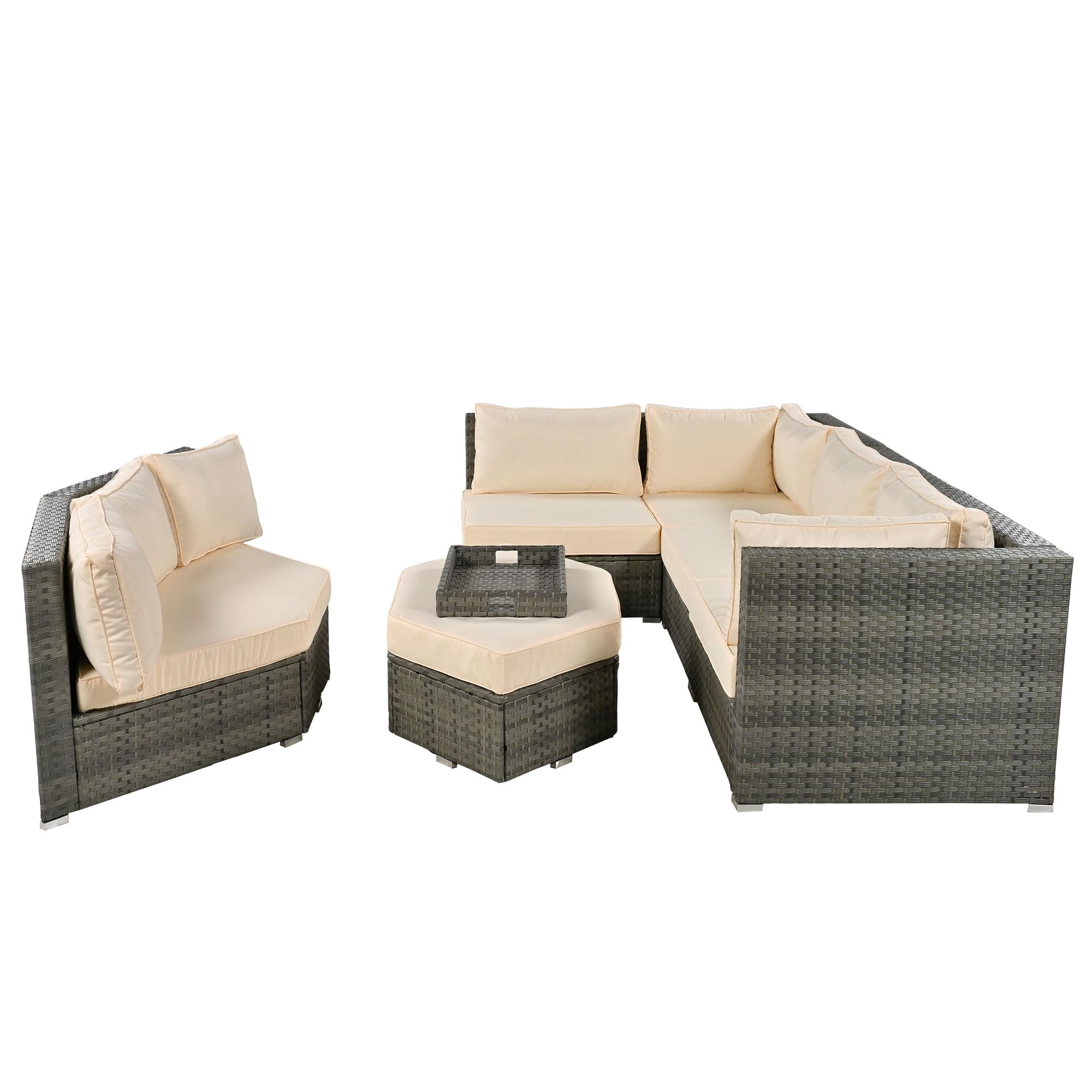 Harper & Bright Designs 6-Piece All-Weather Outdoor Patio Furniture Set - Rattan Wicker Sectional Sofa with Ottoman, Cushions & Trays in Beige - Perfect for Backyard, Garden, Poolside & Terrace Relaxation