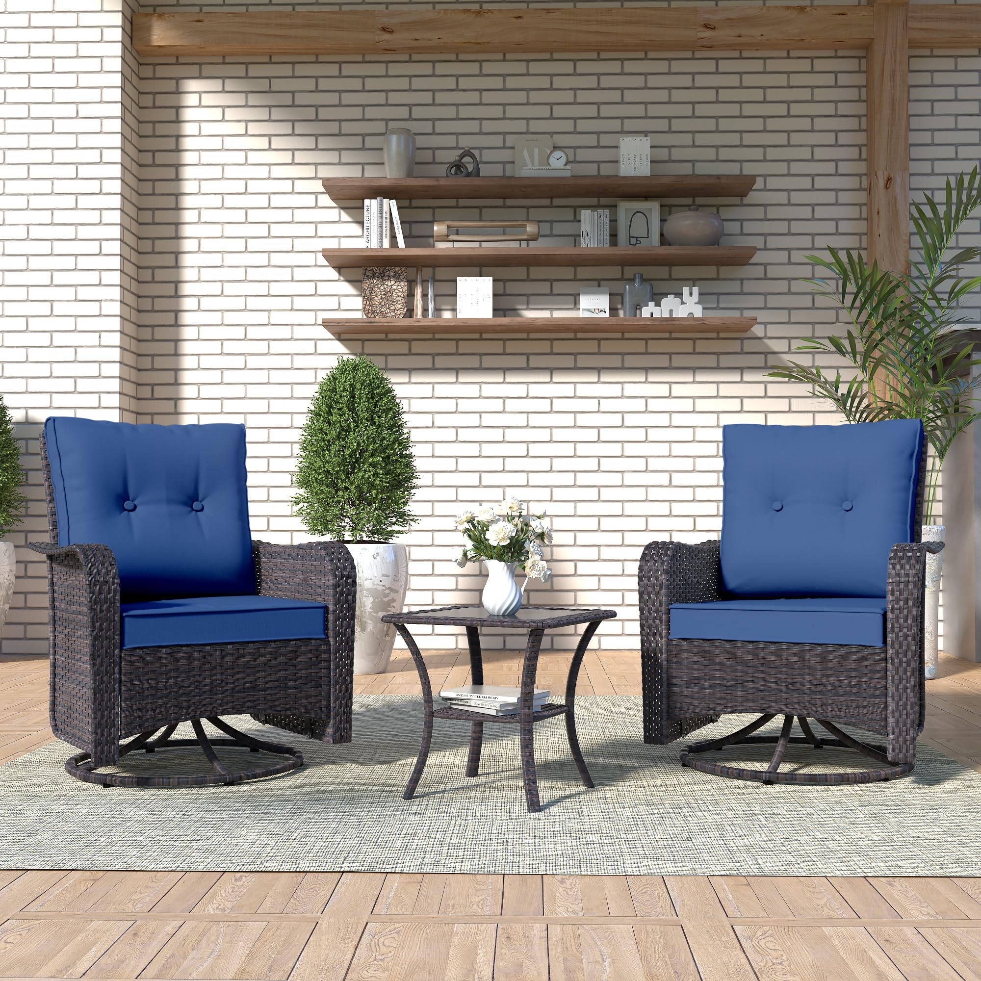 Kurapika 3-Piece Patio Furniture Set - Outdoor Swivel Glider Rocker, Wicker Bistro Set with Rattan Rocking Chair, Tempered Glass Side Table & Thick Cushions (Navy Blue) - Perfect for Garden, Balcony, Backyard & Poolside Relaxation