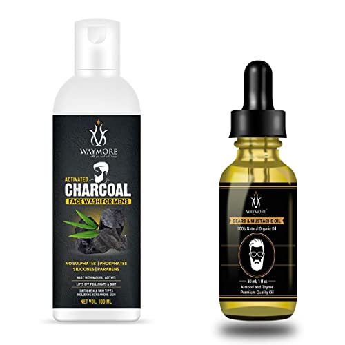 WAYMORE Charcoal Face Wash 100ml - Deep Cleansing for Unclogging Pores, Removing Oil & Dirt, Eliminating Blackheads | Beard Growth Oil with Almond & Thyme Extract, Enriched with Redensyl & Vitamin D (30ml) - Perfect for Daily Skincare & Facial Hair Care Routine