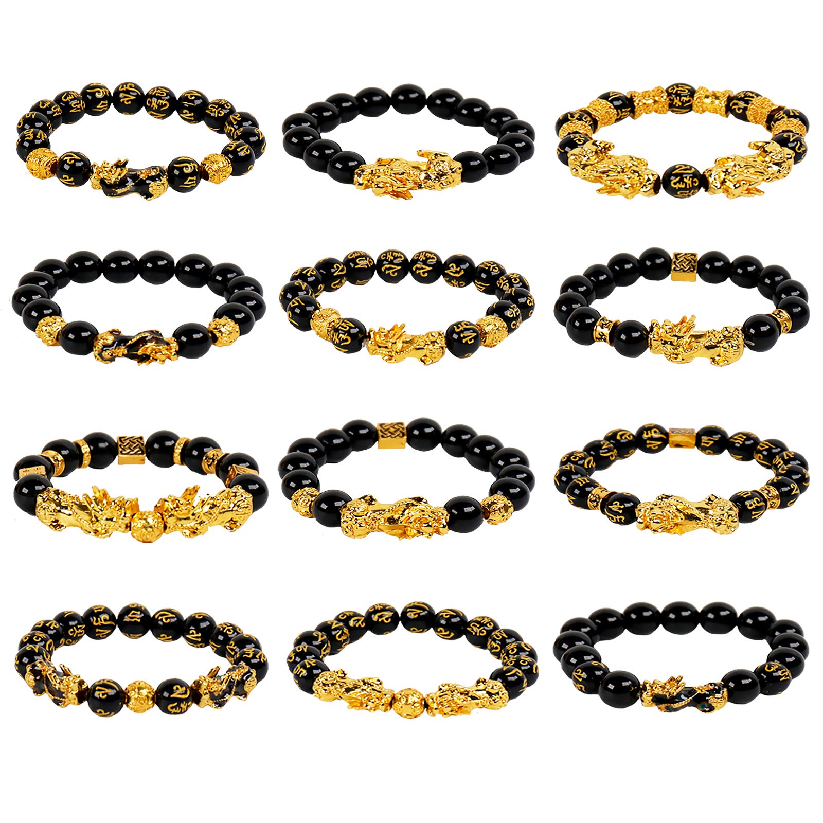 NEWITIN 12-Piece Feng Shui Bracelet Set - Lucky Obsidian Wealth Bracelet for Men & Women, Hand-Carved Pi Xiu Amulet for Protection & Good Fortune - Perfect for Meditation, Gifts & Spiritual Healing