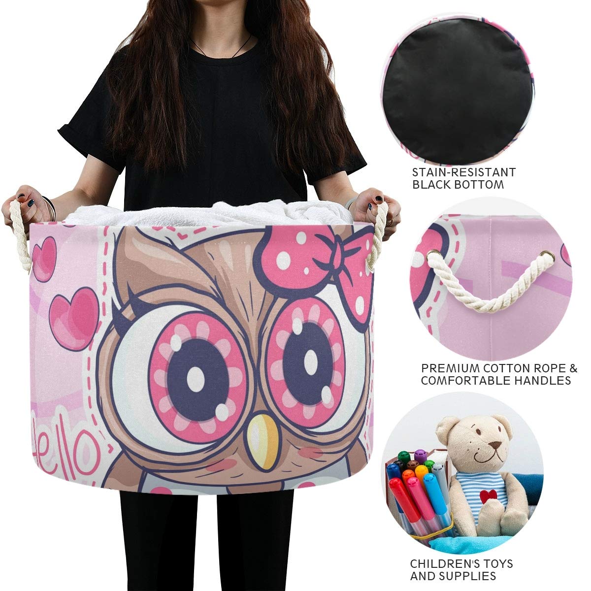 Collapsible Round Storage Basket - Fabric Toy Organizer & Laundry Hamper with Drawstrings for Kids | Cute Pink Cartoon Owl Design | Perfect for Nursery, Playroom, and Bedroom Organization