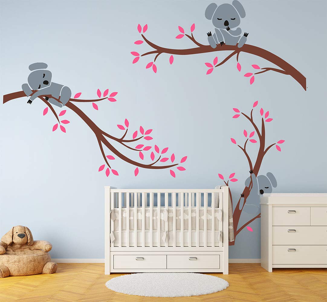 Three Koalas Tree Branches Wall Decal Sticker - Nursery & Kids Room Decor in Brown & Pink | Easy Peel & Stick Wall Art for Baby Girl & Boy Bedroom