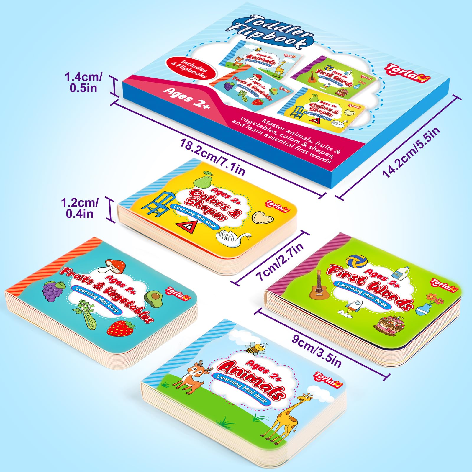 Torlam Toddler Learning Books Set - 4 Mini Board Books for Fruits, Animals, Colors & Shapes - Perfect for Early Childhood Education