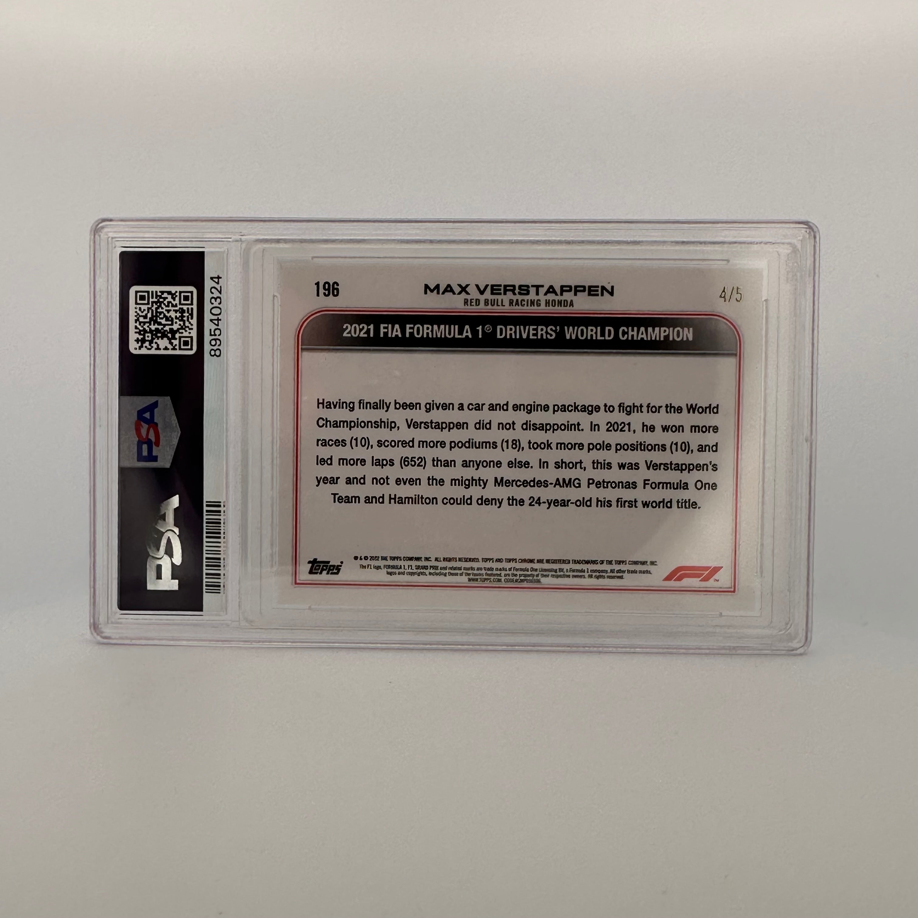 PSA 10 Graded 4/5 Red Raywave Max Verstappen #196 2022 Topps Chrome F1 Trading Card - Perfect for Collectors, Racing Fans & Investment