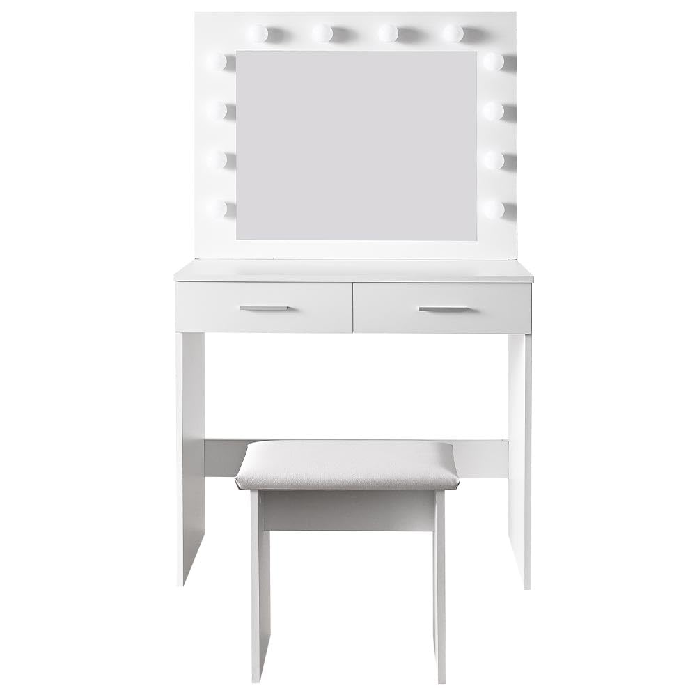 Shally Dogan Makeup Vanity Set with Stool - Ophelia Model with 12 LED Lights, Wooden White Dressing Table with Mirror & Drawers, Padded Comfortable Seat, Cold & Warm Lighting - Perfect for Bedroom Makeup Station, Beauty Room Decor, Bridal Dressing Area