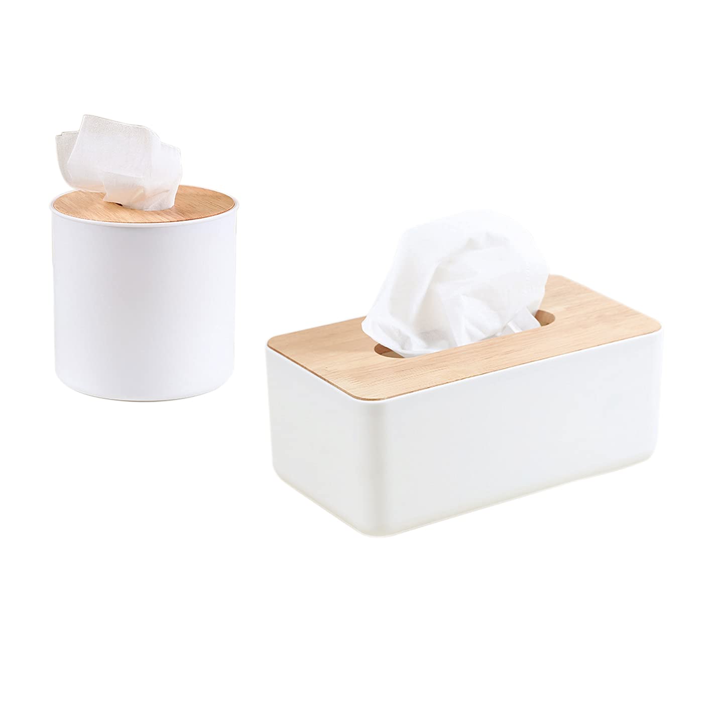 2 Pack Bamboo Tissue Box Holder - Rectangular & Round Wooden Tissue Box Cover for Facial Tissues & Napkins | Bathroom, Kitchen, Office Organizer | Durable & Stylish Home Decor Accessory for Living Room, Bedroom, and Desk