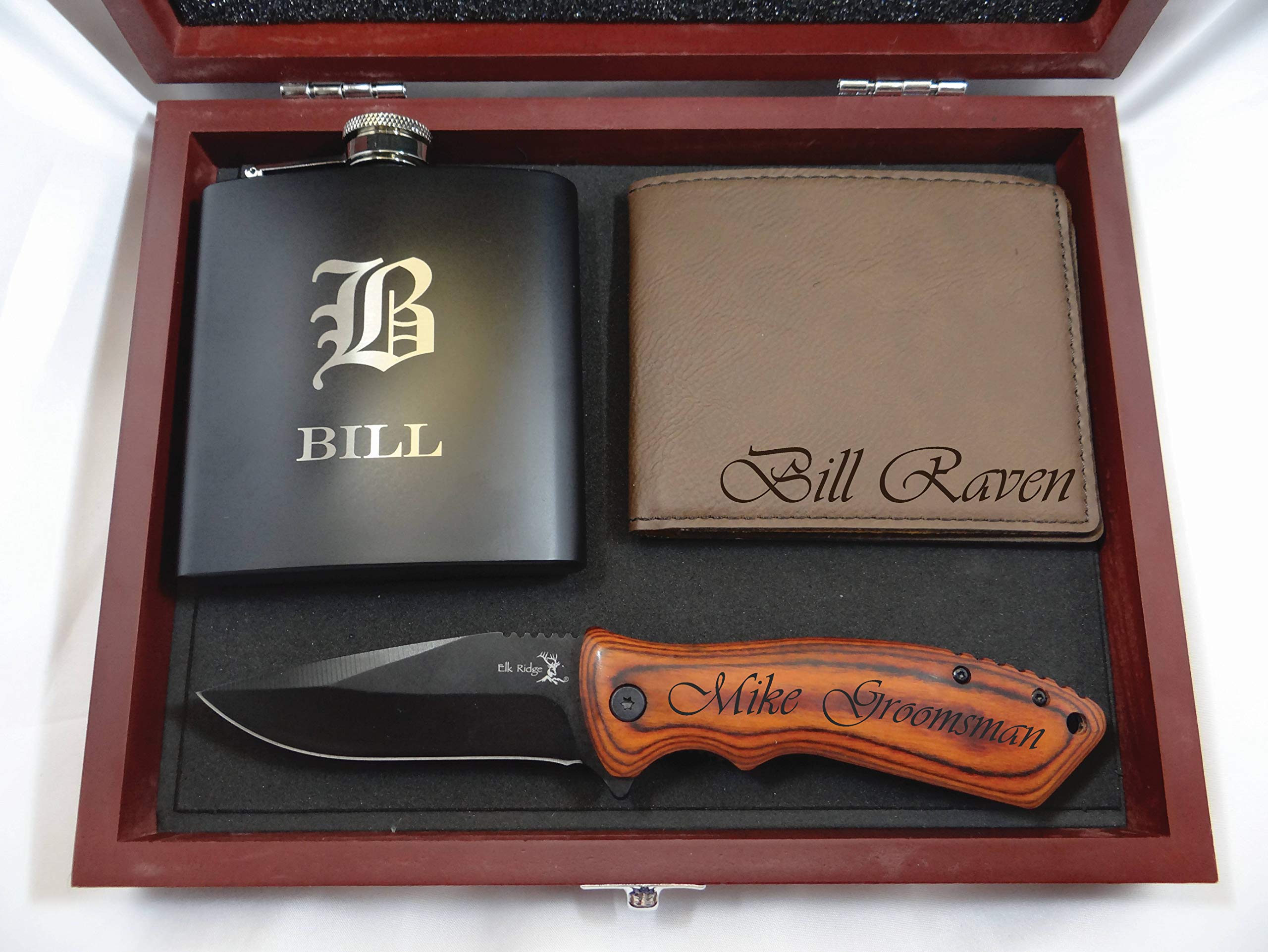 Personalized Groomsmen Gift Set for Weddings - 5-Piece Box with Engraved Flask, Custom Knife, Wallet - Best Man, Husband & Boyfriend Gifts for Bachelor Party & Wedding Day