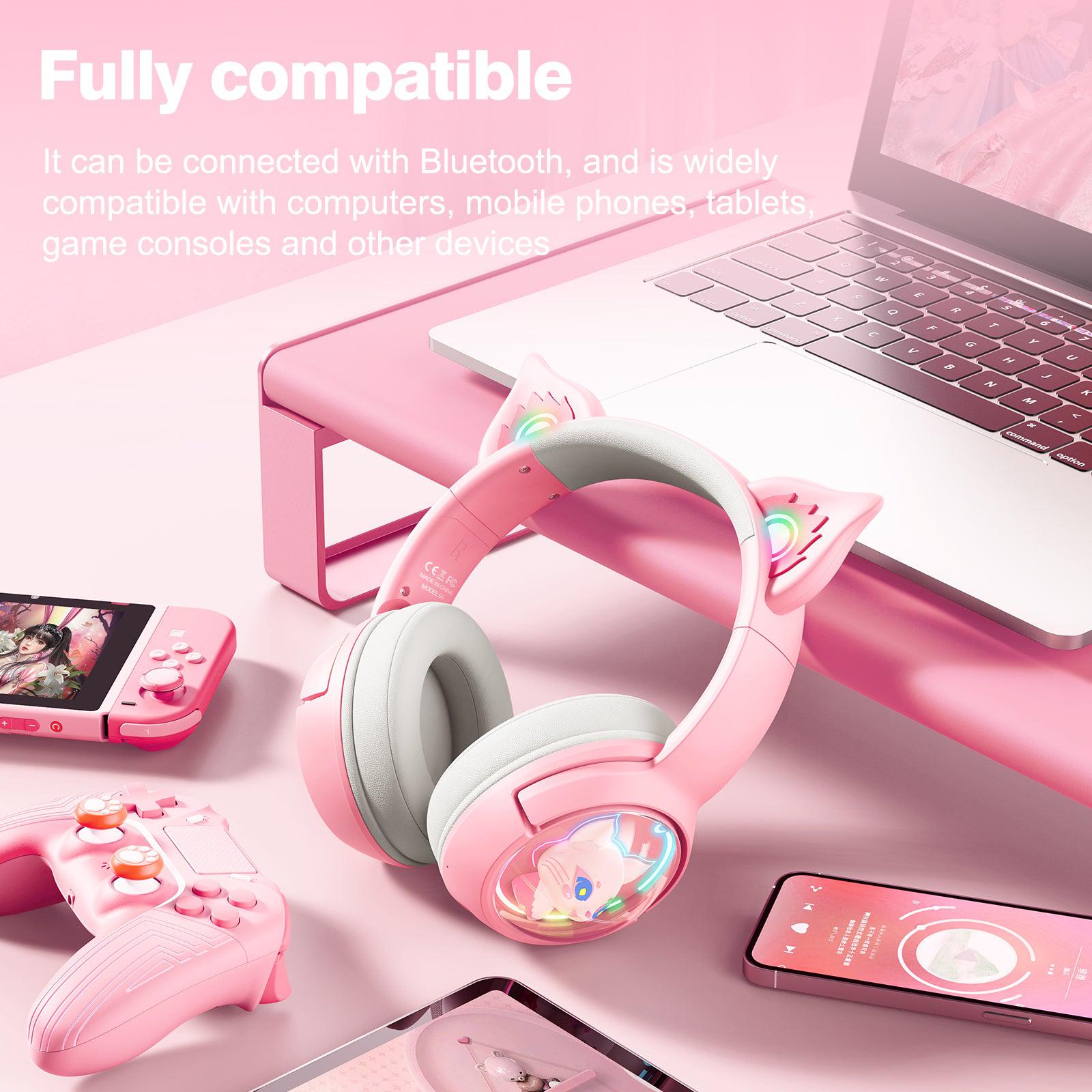 ONIKUMA B5 RGB Cat Ear Bluetooth Wireless Gaming Headset for PC, PS4, PS5, Switch - Lightweight Over-Ear Headphones with Mic for Streaming, Gaming & Music (Pink) - Perfect for Girls Gamers & Live Streamers