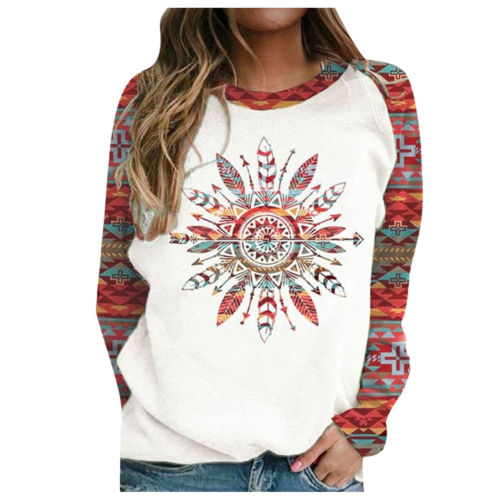 Women's Long Sleeve Thermal T-Shirt - Loose Fit Round Neck Casual Shirt with Print, Red Color - Perfect for Winter Layering, Outdoor Activities & Everyday Comfort
