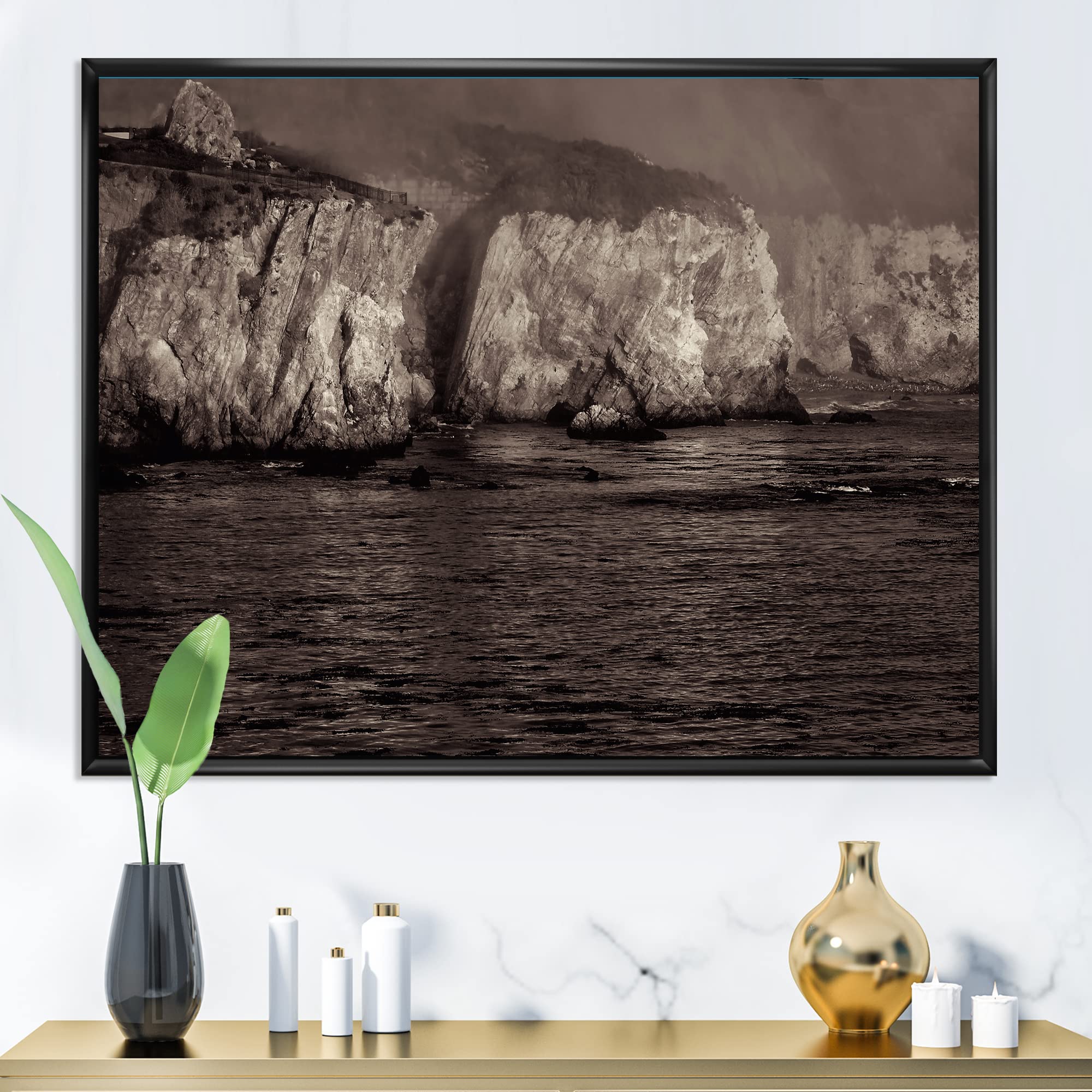 Gold Cliffs In The Fog - Modern Framed Canvas Wall Art Print - Nature Landscape Painting for Living Room, Bedroom & Office Decor