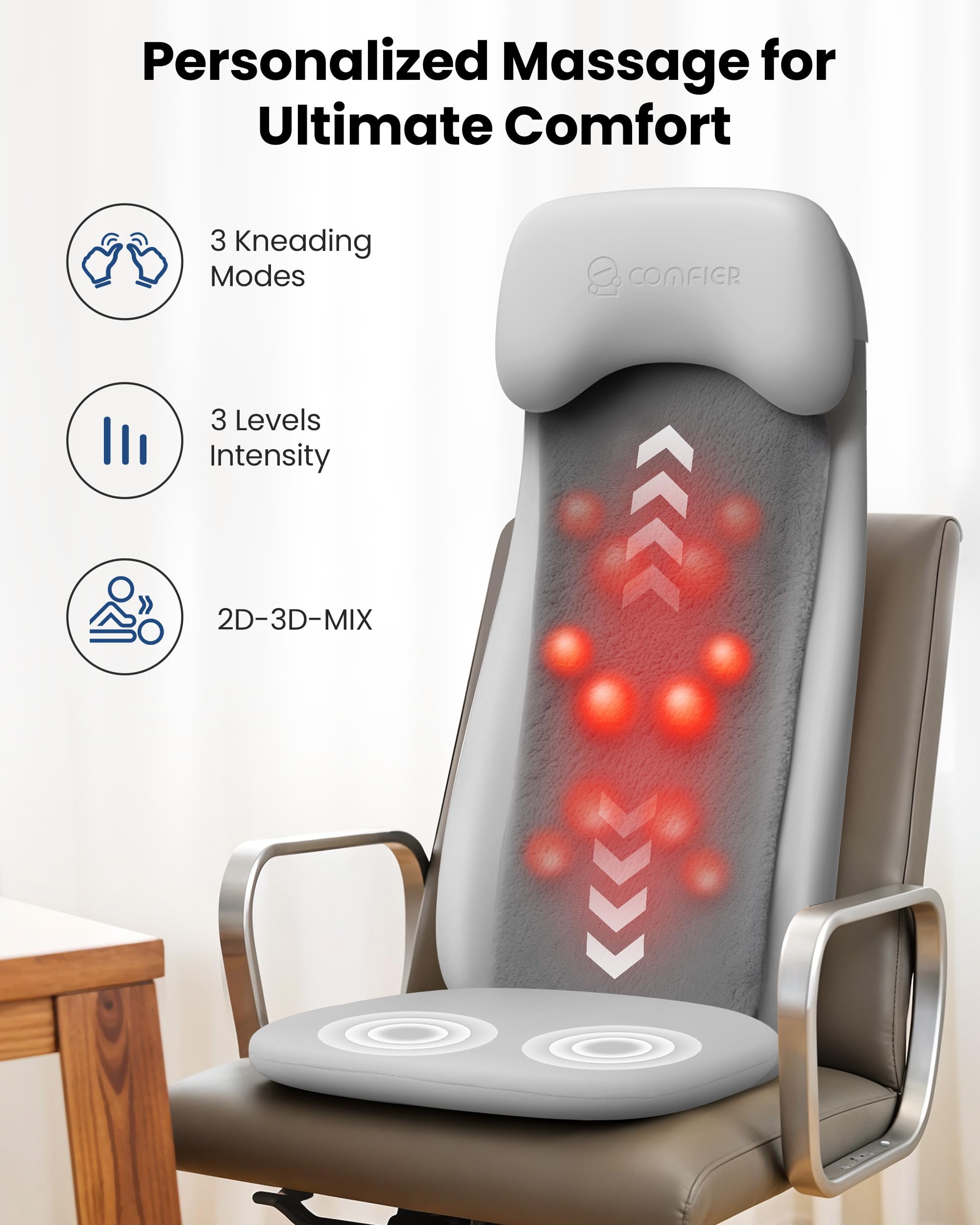 COMFIER Shiatsu Back Massager with Heat - Deep Tissue Kneading & Vibration Massage Chair Pad - 2D/3D Shiatsu Seat Cushion for Full Back Relief - Perfect Gift for Men & Women - Ideal for Home, Office, and Car Use