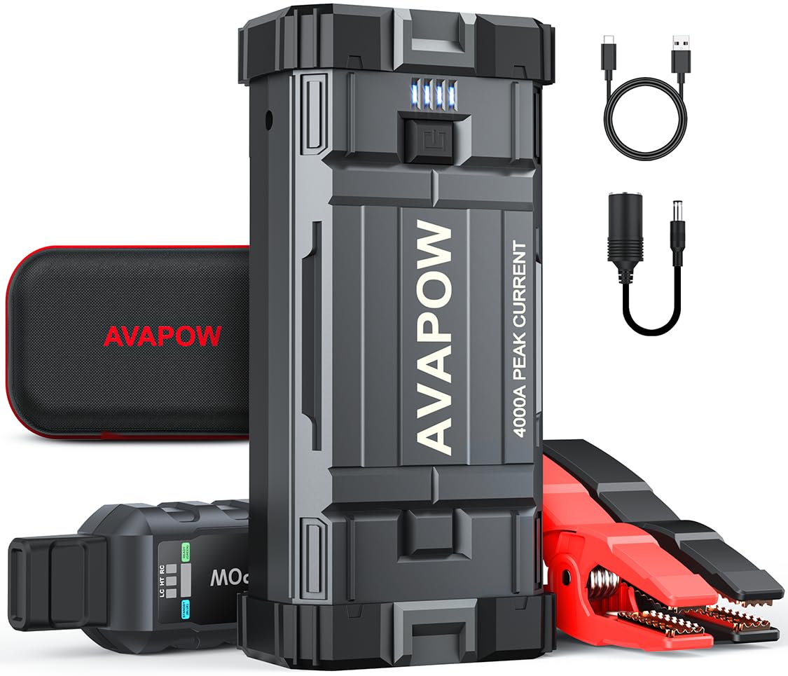 AVAPOW 4000A Peak Car Jump Starter for All Gas & 10L Diesel Engines - 12V Portable Booster Power Pack with LED Light & USB Quick Charge 3.0 - Emergency Roadside Assistance, Camping, RV Travel Power Backup