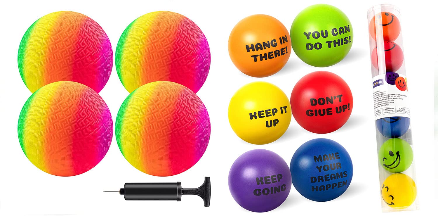 Mic Micsoa 8.5 Inch Playground Balls & Homotte 6-Pack Motivational Stress Relief Balls for Kids Adults - Perfect for School Recess, Office Stress Relief and Outdoor Games