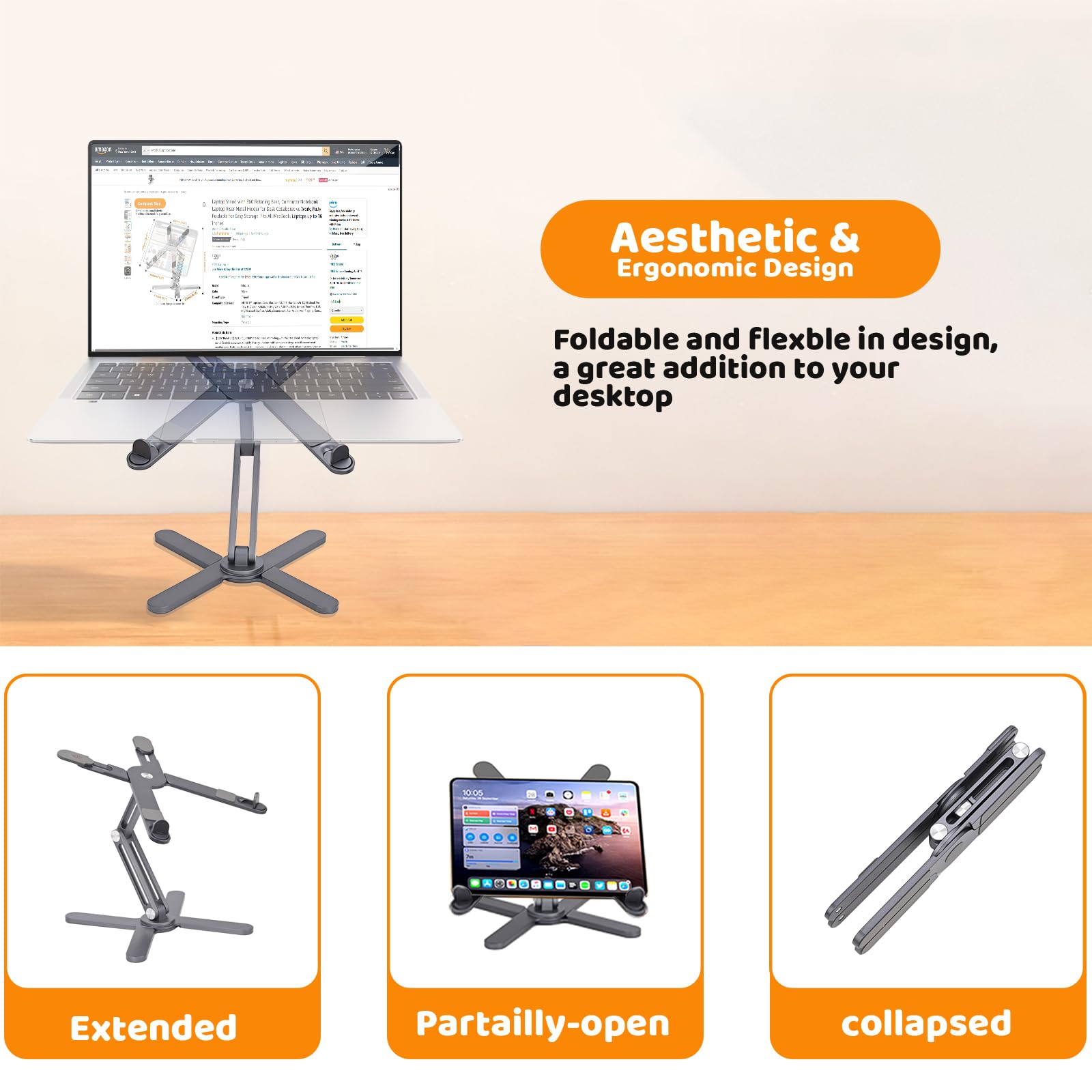 360° Rotating Laptop Stand with Foldable Metal Base, Ergonomic Notebook Riser for MacBook & Laptops up to 16 inches, Grey - Perfect for Desk Work, Collaborative Meetings & Home Office