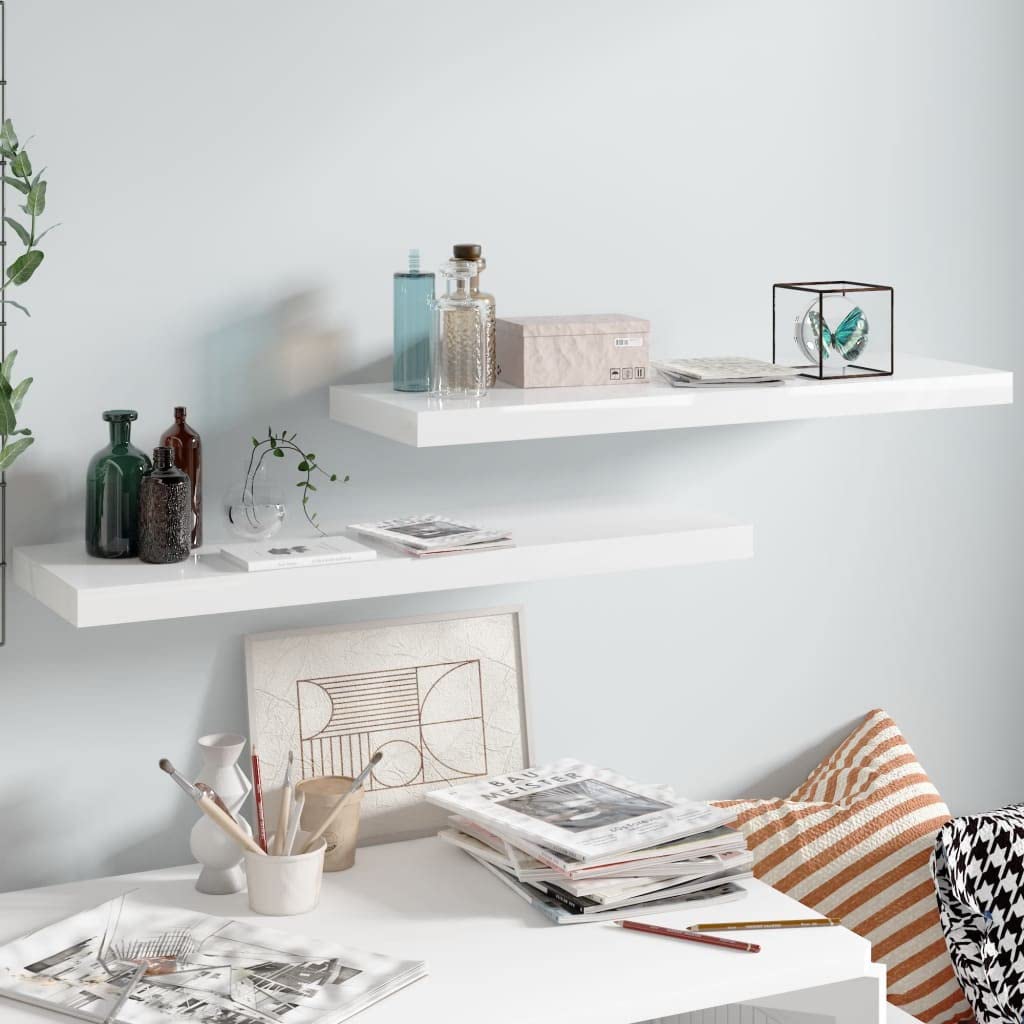 Floating Wall Shelves Set of 2 - Modern Home Decor Display Shelf - High Gloss White MDF (31.5