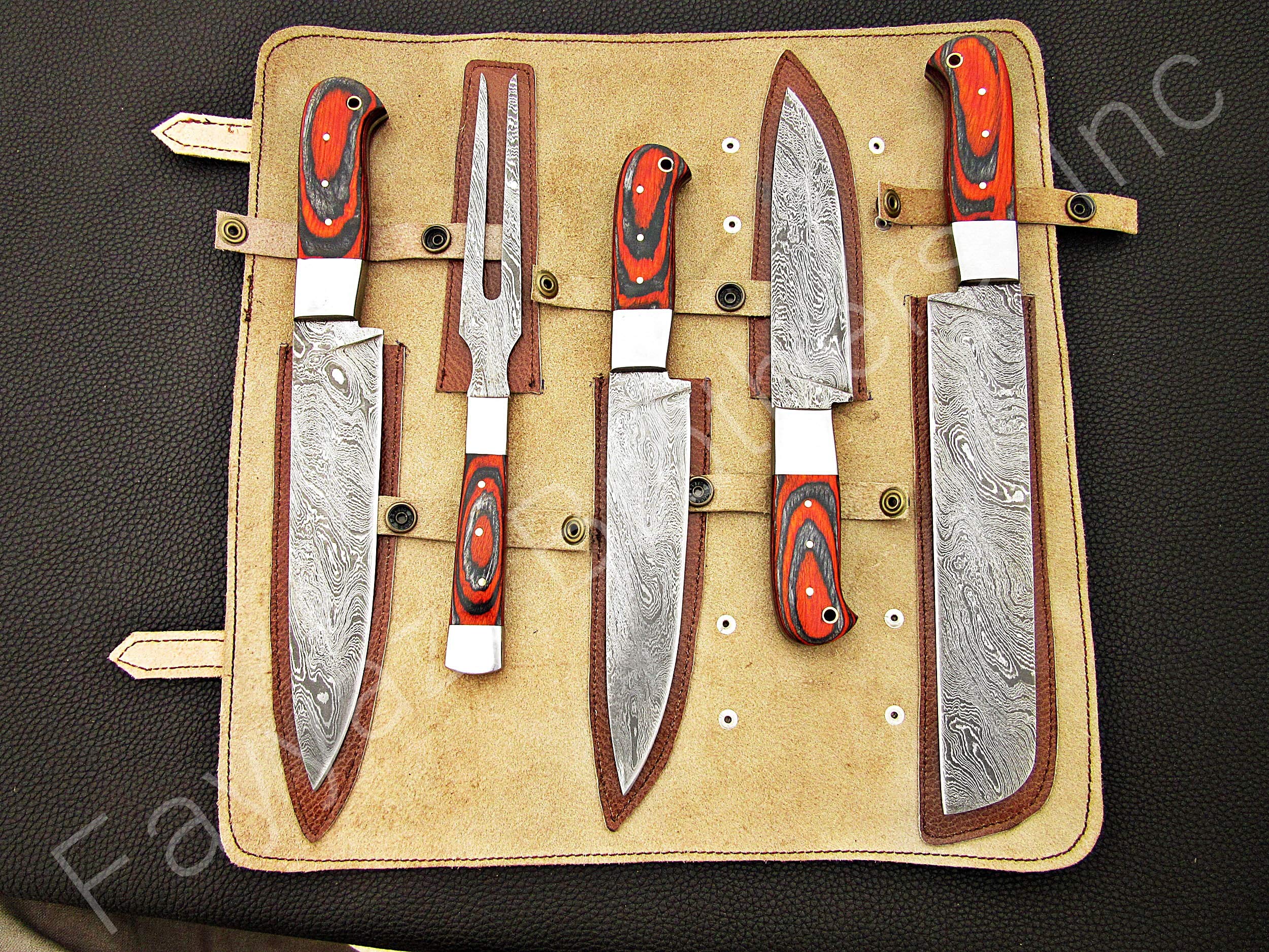 Premium Handmade Damascus Steel Kitchen Knives Set - 5-Piece Chef Knife Collection with Black & Red Wood Handle (FBK-1080) - Perfect for Professional Chefs, Home Cooking & Gourmet Gift Giving