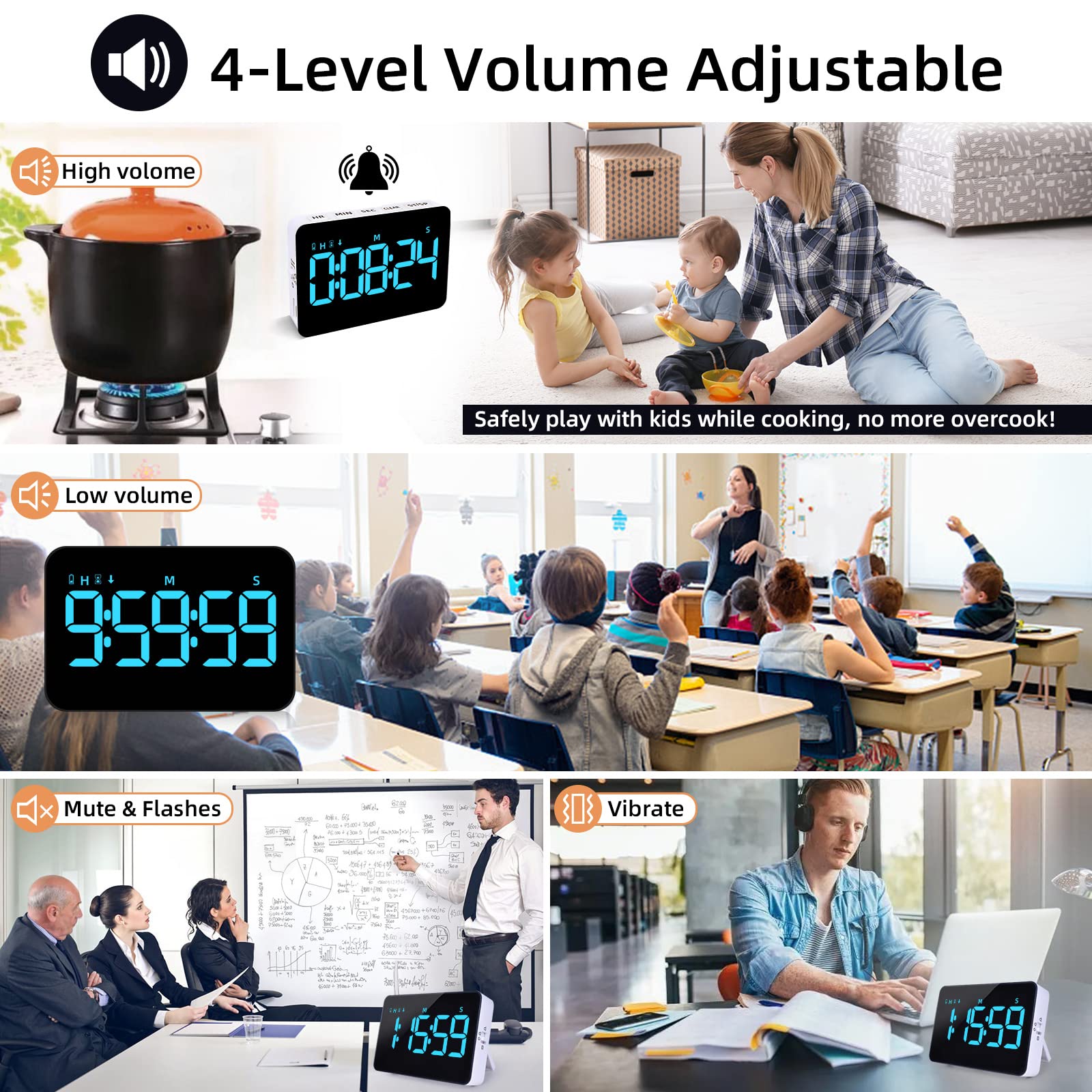 Rechargeable Digital Kitchen Timer with Magnetic Back - Countdown/Countup, 5
