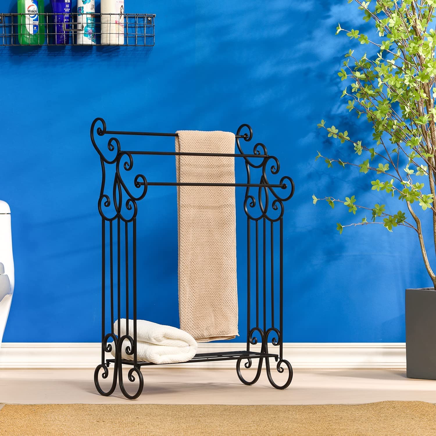 Free Standing Towel Rack 3-Tier with Storage Shelf - Space Saving Bathroom Organizer for Towels, Robes & Linens - Sturdy Metal Design for Bedroom, Laundry Room, Kitchen & Poolside Use - Matte Black Finish