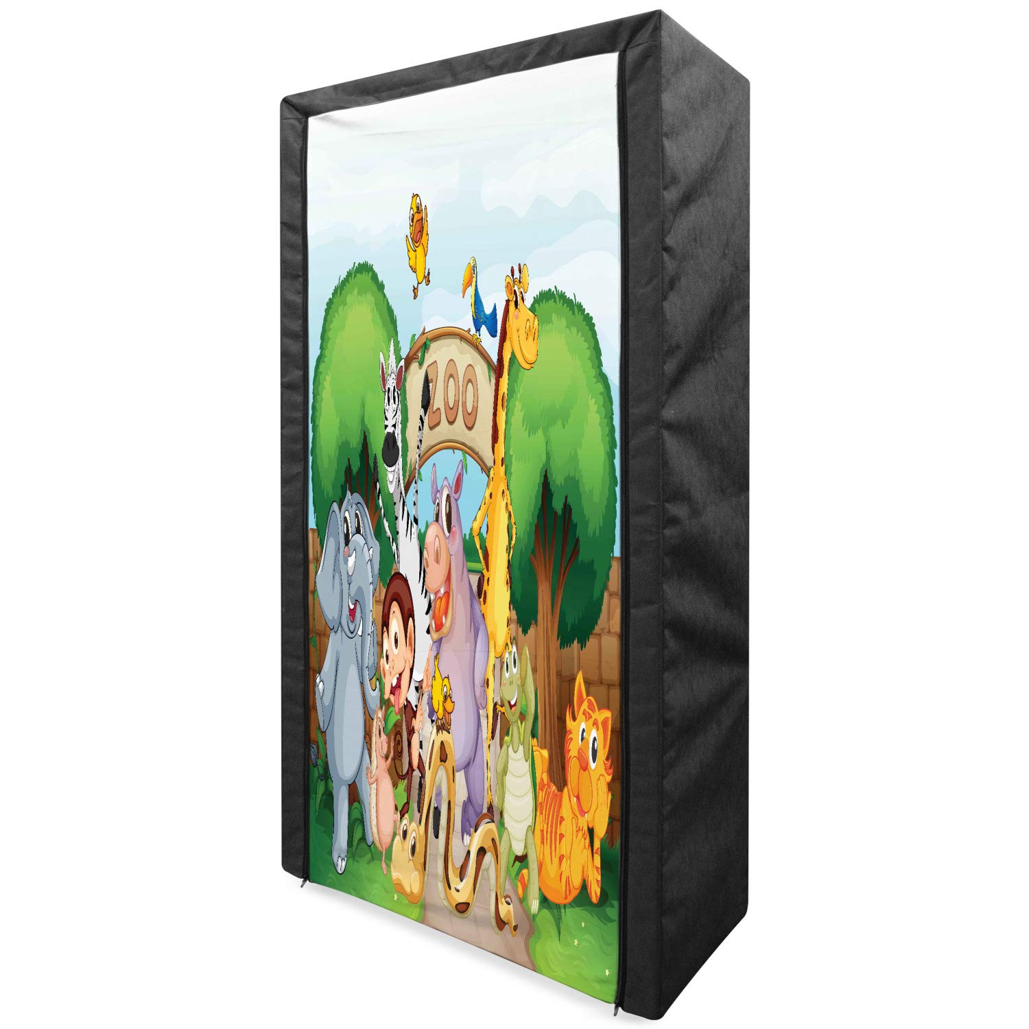 Ambesonne Zoo Portable Fabric Wardrobe - Animal Print Clothing Organizer with Shelves, 33.5 Inch Multicolor Storage Closet for Kids Room, Nursery, or Playroom - Perfect for Organizing Clothes, Toys, and Accessories in a Fun Jungle Theme