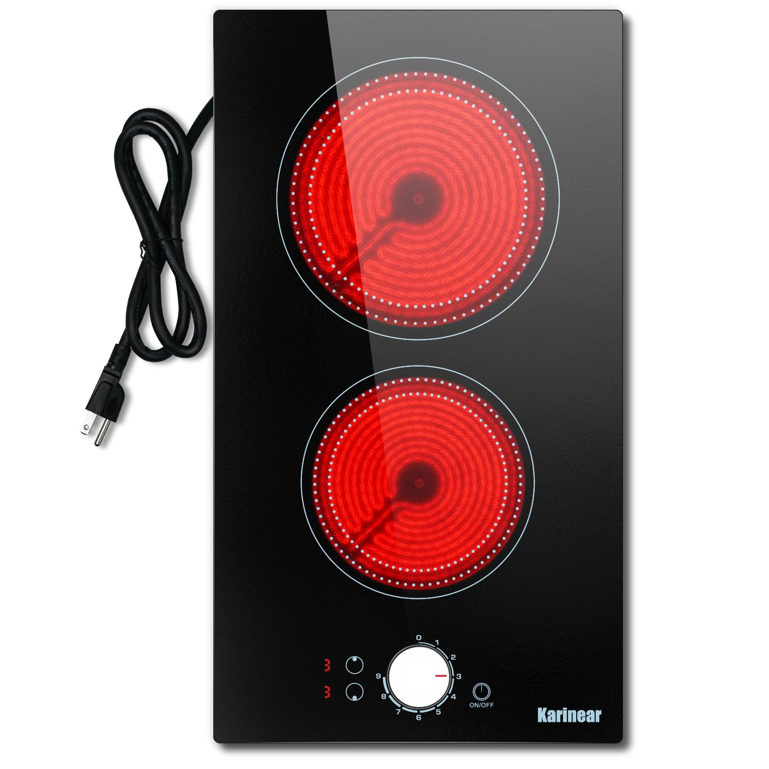 Karinear 2 Burner Electric Cooktop 110V - 12 Inch Portable Induction Stove with Knob Control & Outlet Plug - Countertop or Drop-in Radiant Cooktop with 9 Power Levels - Perfect for Small Kitchens, RVs, Dorms & Home Cooking