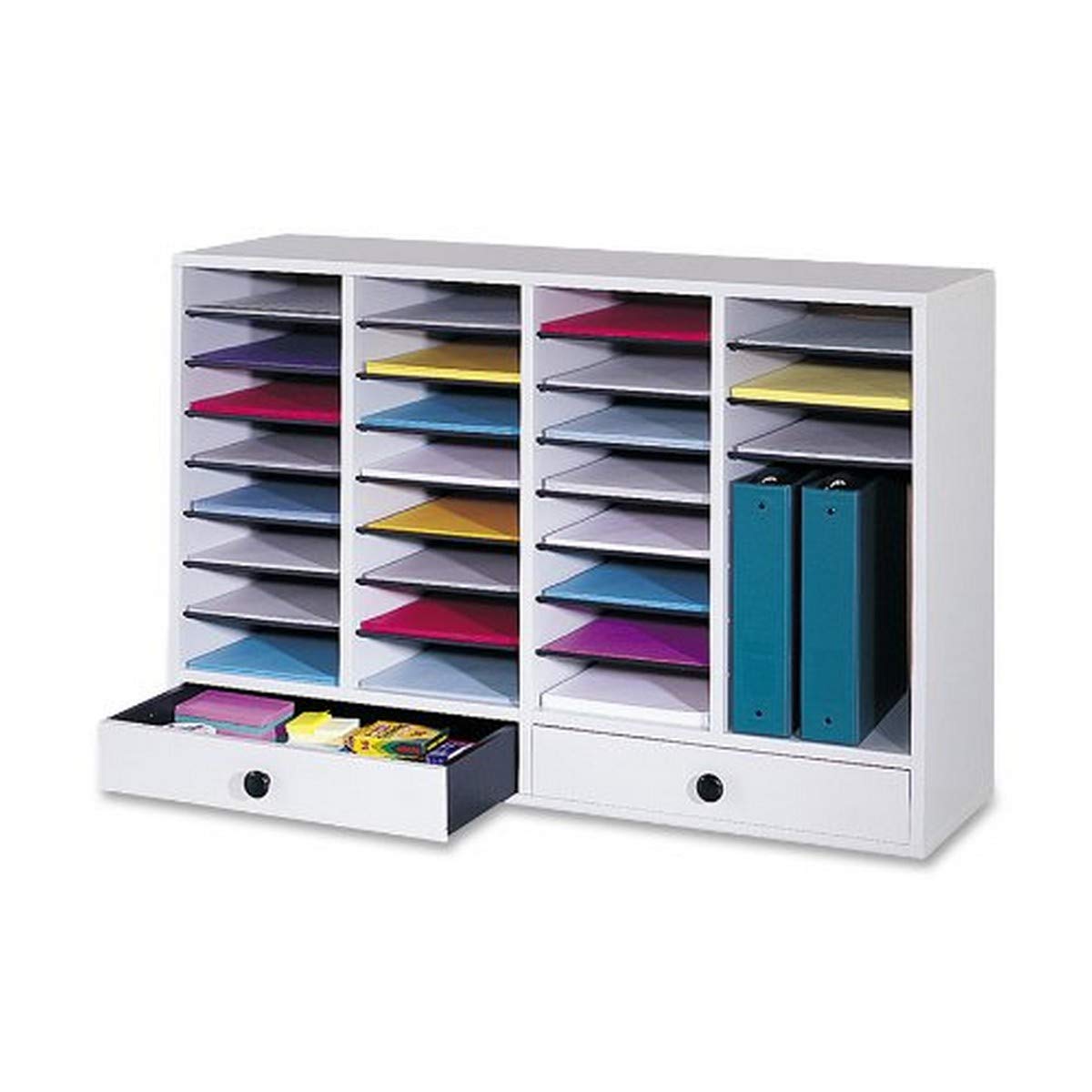 Safco 32-Compartment Wooden Literature Organizer with Drawers - Adjustable, Stackable & Durable Grey Office File Sorter (Model 9494GR) - Perfect for Office, Library & Home Organization