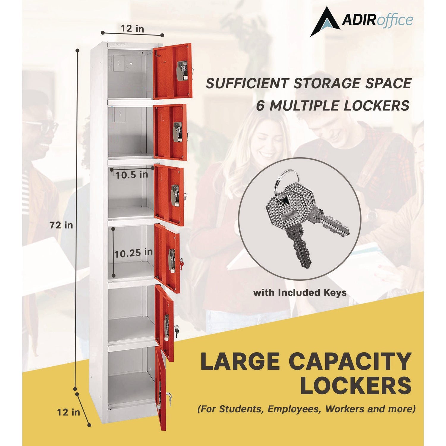 Steel Storage Locker with 6 Compartments - 12 x 12 x 72 Inches, Red - Heavy Duty Metal Locker for Office, School, Gym & Warehouse Organization