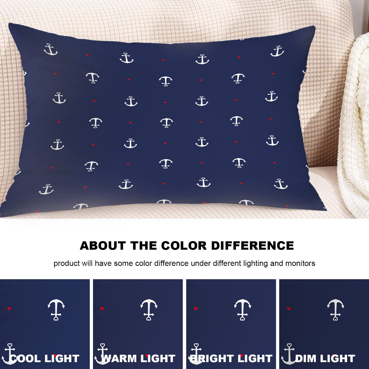 Nautical Decorative Pillow Covers 12x20 Inch - Blue and White Cotton Lumbar Cushion with Red Heart Design for Sofa, Bed, or Boat - Coastal Home Decor & Marine Themed Living Room Accessories