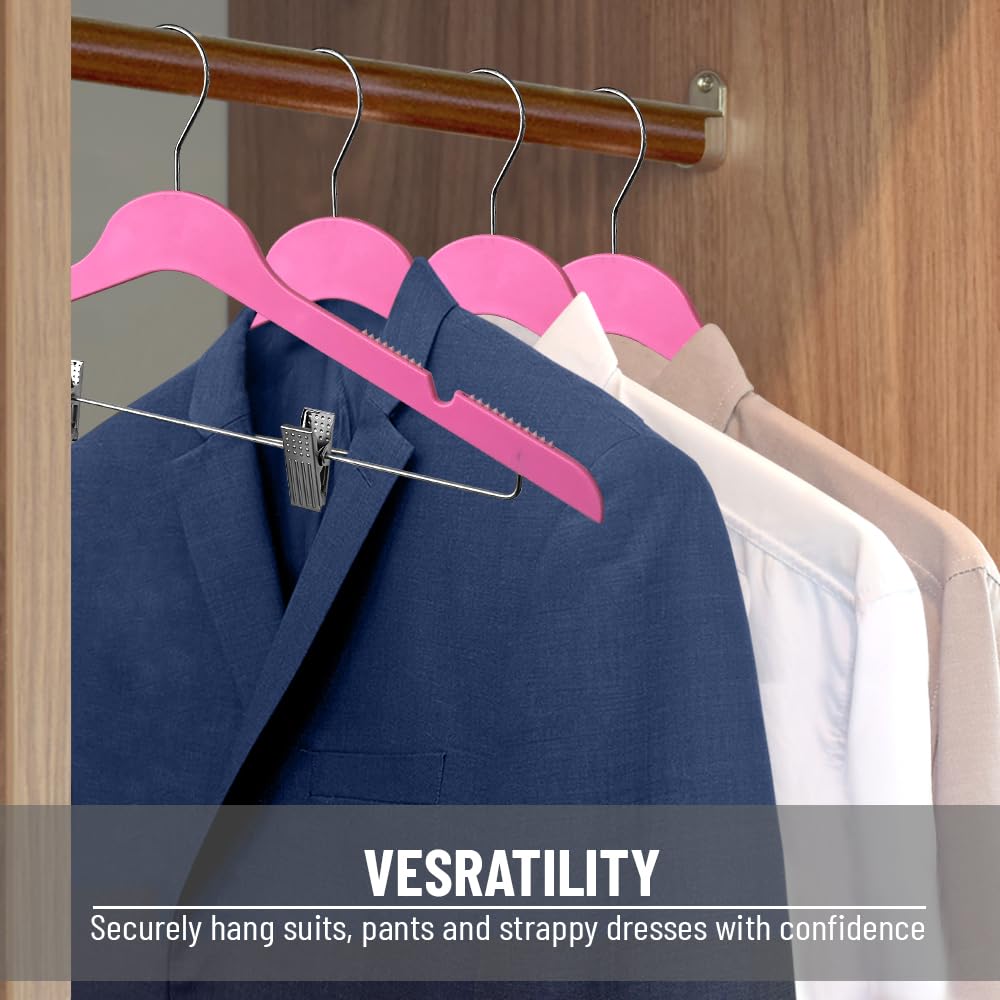 Slim Plastic Hangers with Clips - 100 Pack Space Saving Blouse & Clothes Hangers (Hot Pink) - Perfect for Closet Organization, Retail Stores & Laundry Room Storage