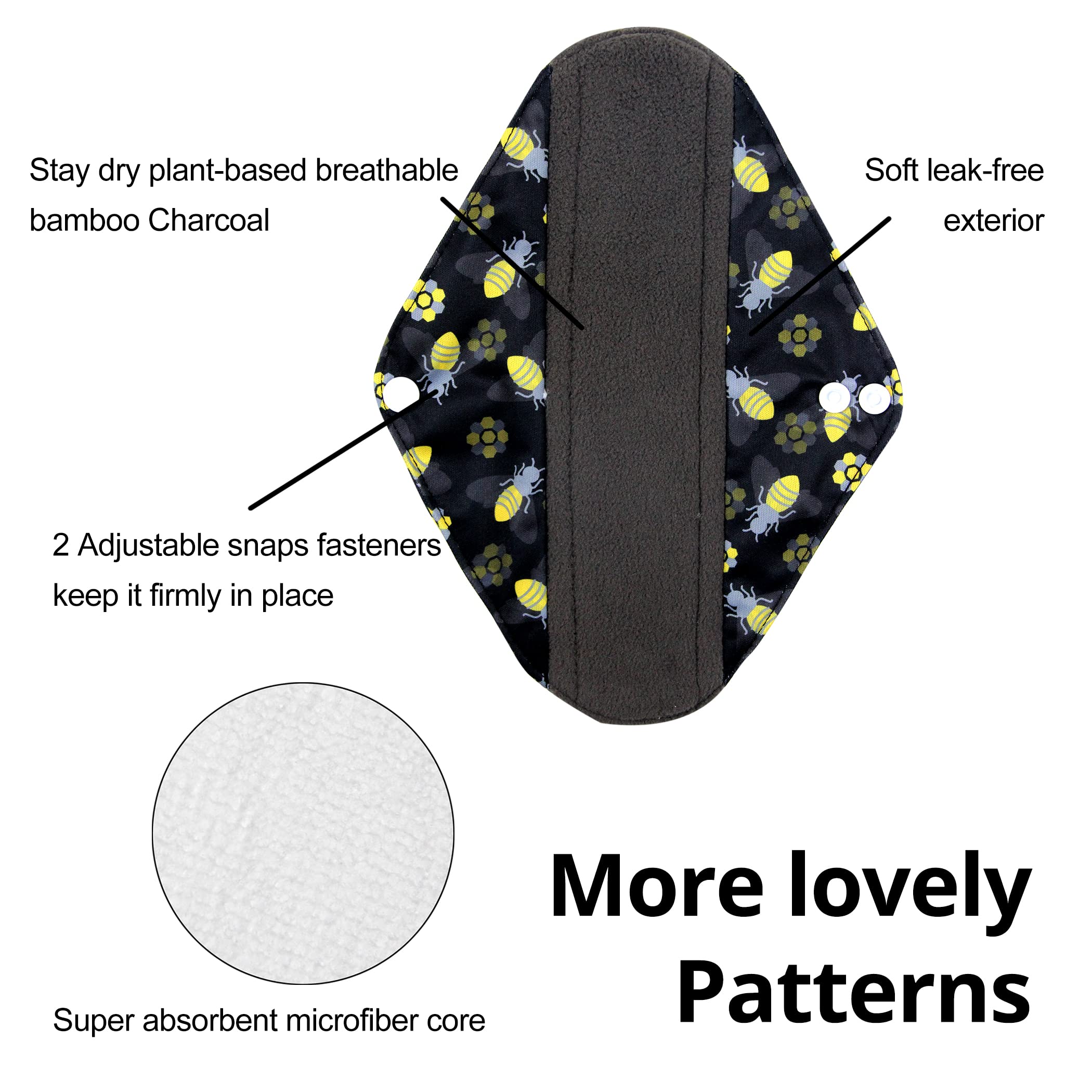 Wegreeco Reusable Menstrual Pads for Women - 5 Pack Soft Cloth Sanitary Pads with 1 Wet Bag | Eco-Friendly Washable Panty Liners | Medium Size Bee & Bloom Design | Perfect for Travel, Work & Active Lifestyle