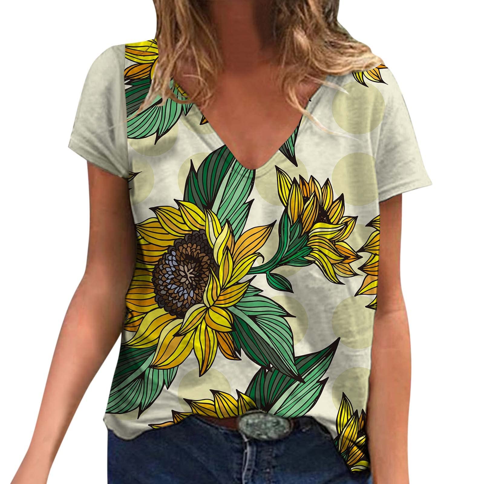 Women's Casual Short Sleeve Sunflower Graphic T-Shirt - V Neck Loose Fit Tunic Tee for Summer | Perfect for Beach Outings, Picnics & Casual Wear