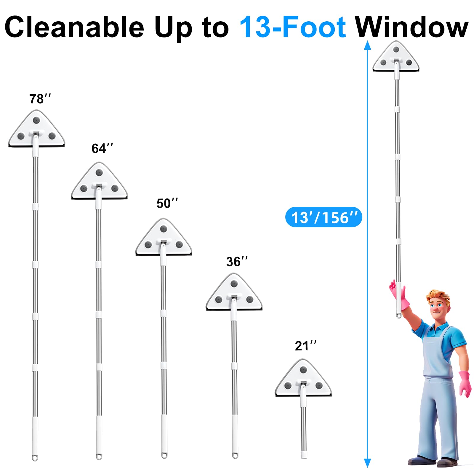 CTIME 78'' Window Squeegee with Extension Pole - 3-in-1 Professional Window Cleaning Kit for Hard-to-Reach Corners | Perfect for Outdoor Windows, Glass Doors, and High-Rise Buildings