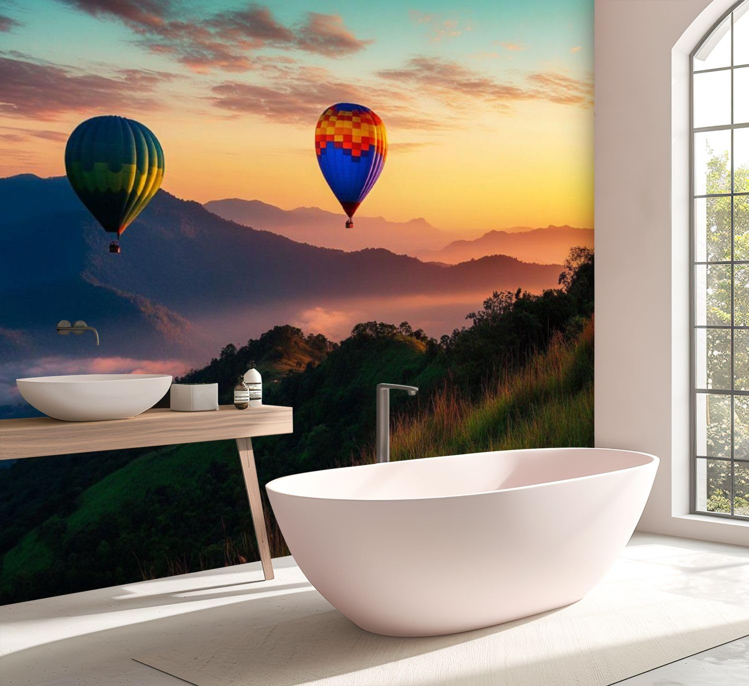 Removable 3D Wall Mural - Self-Adhesive Peel & Stick Landscape Wallpaper with Mountains, Hot Air Balloons & Sunrise - Large Contact Paper for Living Room, Bedroom, Nursery & Furniture Decoration | Perfect for Home Office, Dorm Room & Rental Spaces