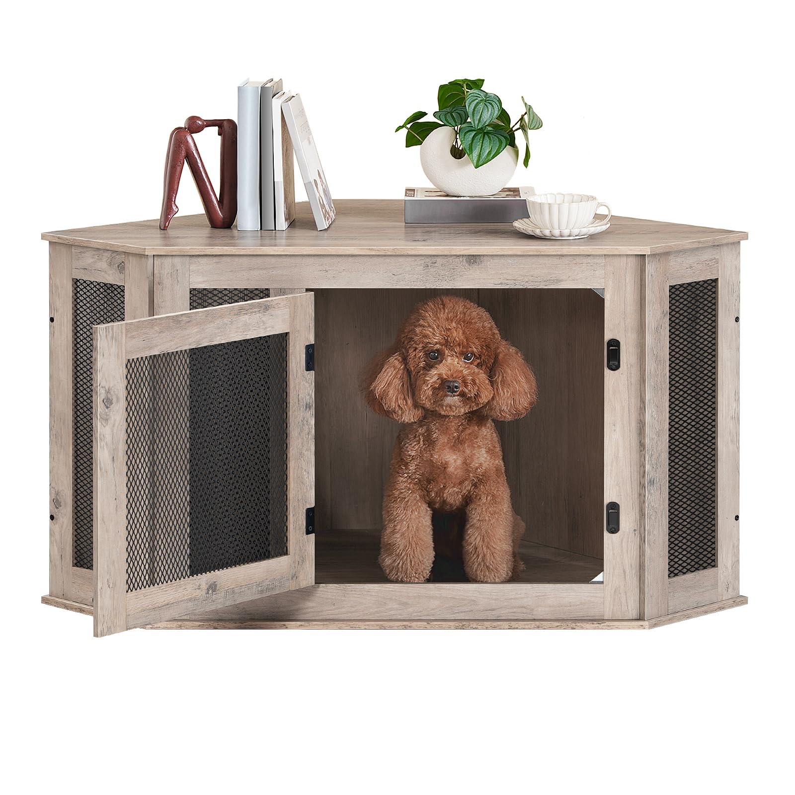 Stylish Wooden Dog Crate End Table - Multi-Functional Pet Kennel Furniture for Small & Medium Dogs | Indoor Decorative Dog House & TV Stand in Greige & Black (DCHG0801) | Perfect for Living Rooms, Bedrooms & Home Offices