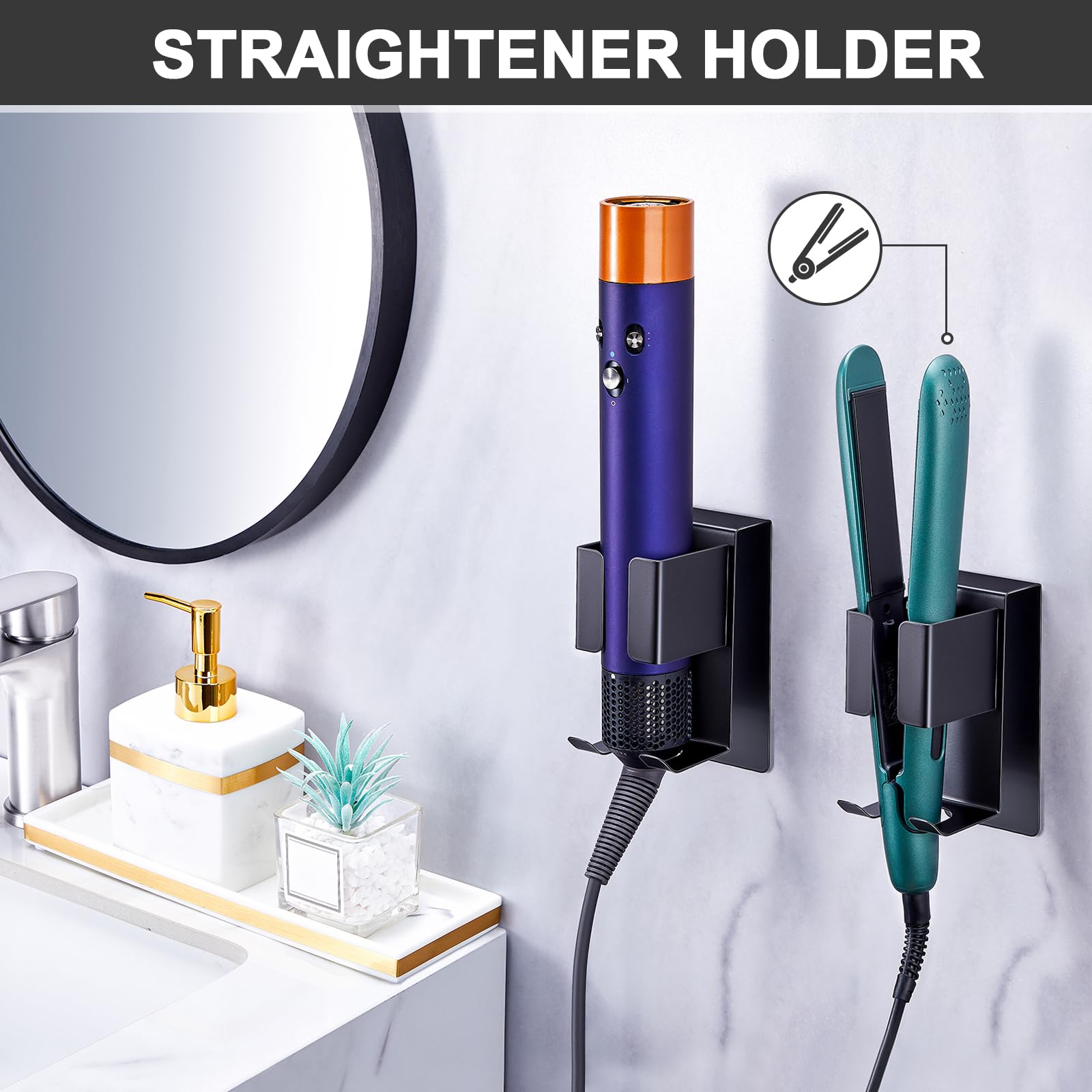 Wall Mounted Stainless Steel Hair Dryer and Straightener Holder - Organizer for Blow Dryer, Curling Iron & Hair Tools - Bathroom Storage Solution for Hair Styling Accessories - Perfect for Salon, Home & Travel Use