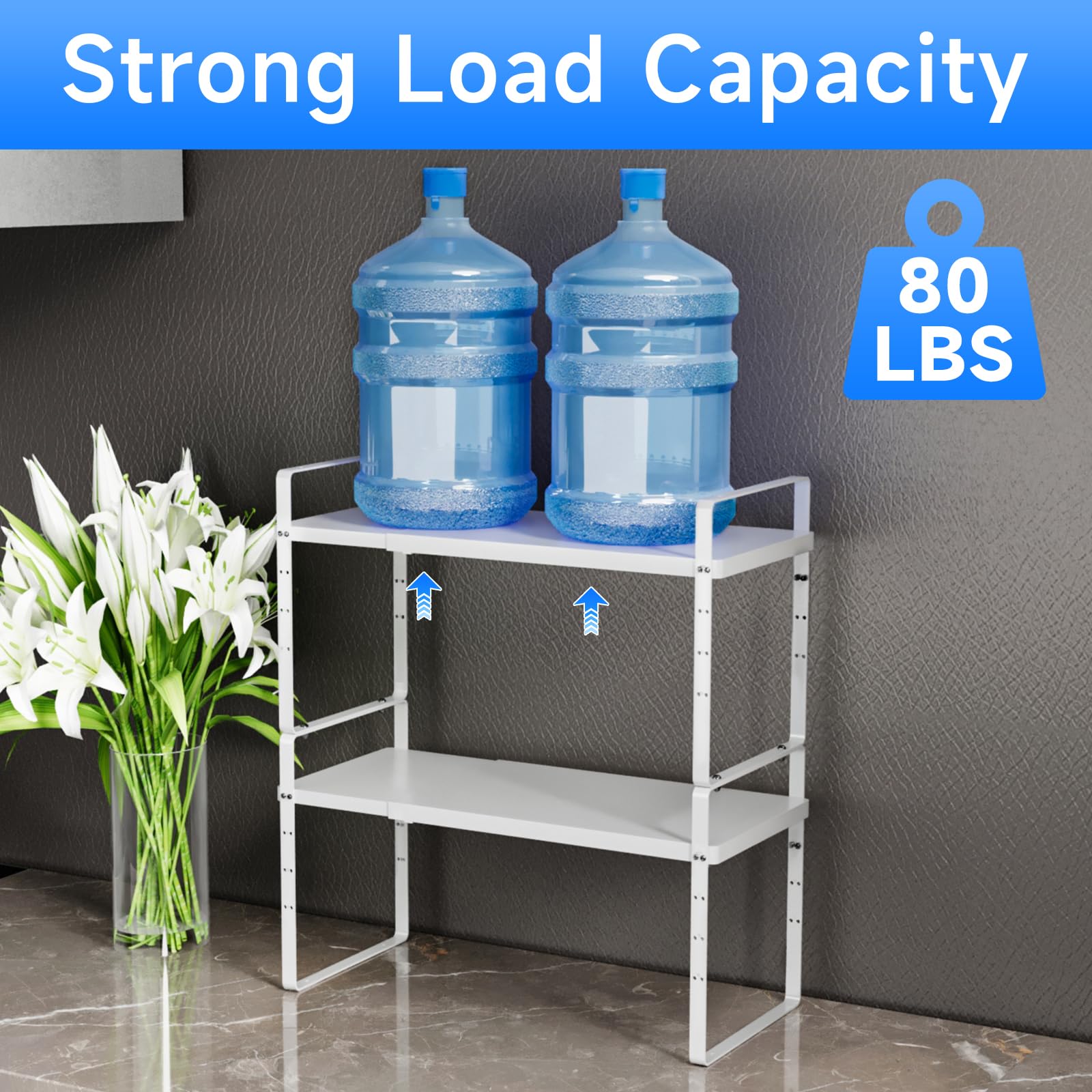 Expandable Cabinet Shelf Organizer - Heavy Duty 80LBS Stackable Kitchen Pantry Storage, Adjustable Closet & Cupboard Rack for Spice Organization (White, Large, 1 Pack) - Perfect for Small Spaces & Kitchen Counter Organization
