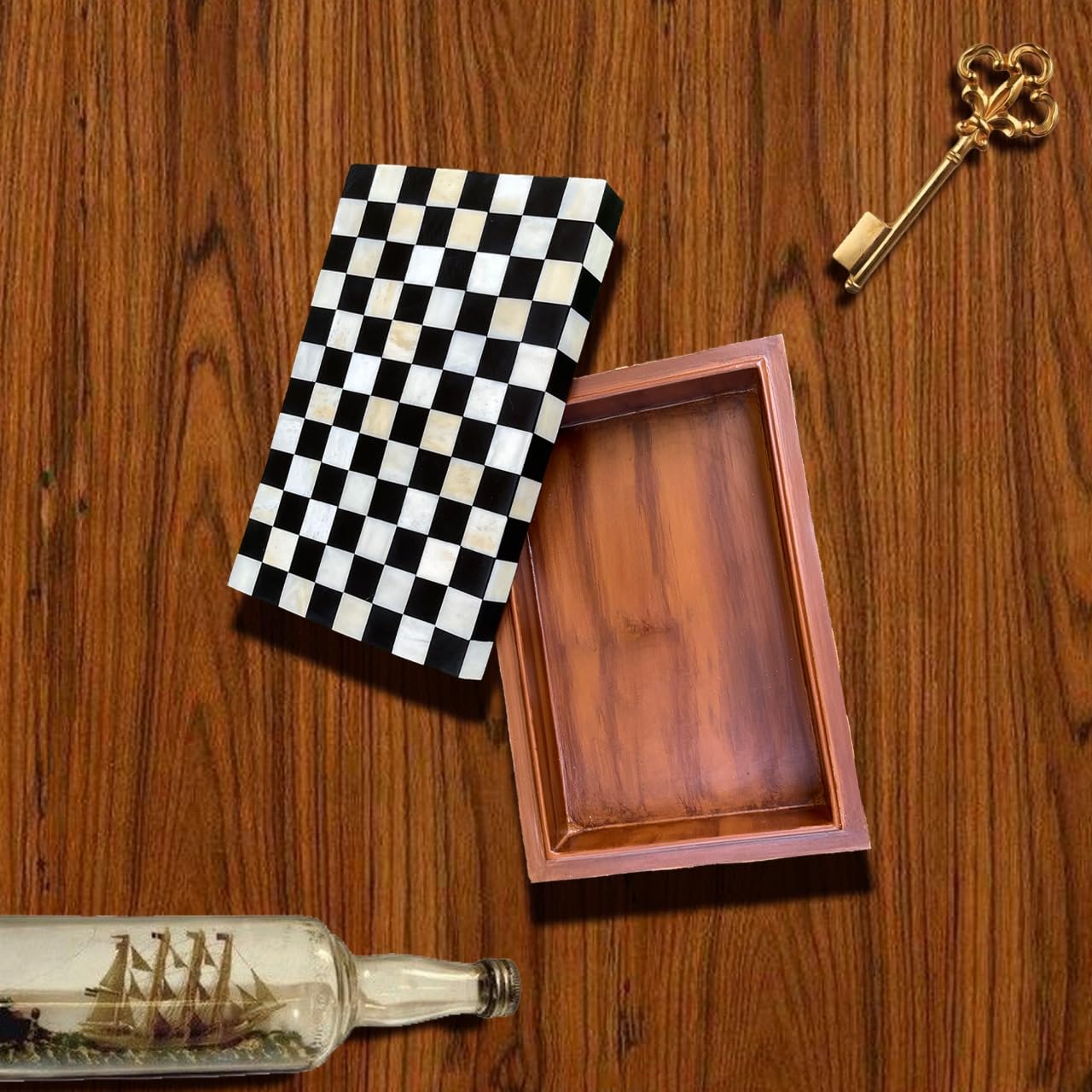 Handmade Black & White Bone Checkered Inlay Box - Chess Pattern Storage Organizer | Multipurpose Jewelry & Keepsake Box for Home Decor & Gift Giving