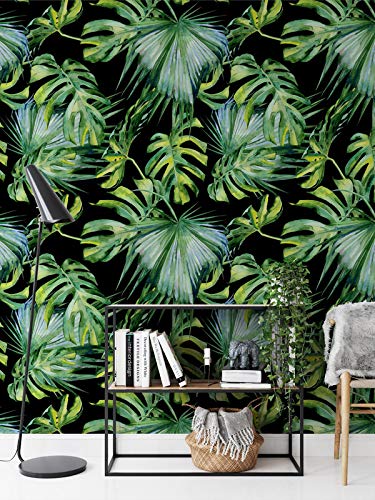 Royal Black & Green Palm Leaves Peel & Stick Wallpaper for Home Decor