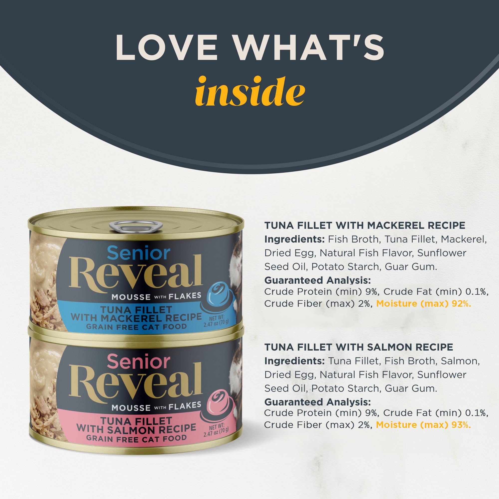 Reveal Natural Grain Free Wet Senior Cat Food - Limited Ingredient Fish Variety Mousse with Flakes for Mature Cats (8 x 2.47 oz) | Easy-to-Digest Nutrition for Picky Senior Eaters, Perfect for Cats with Sensitive Stomachs or Dental Issues