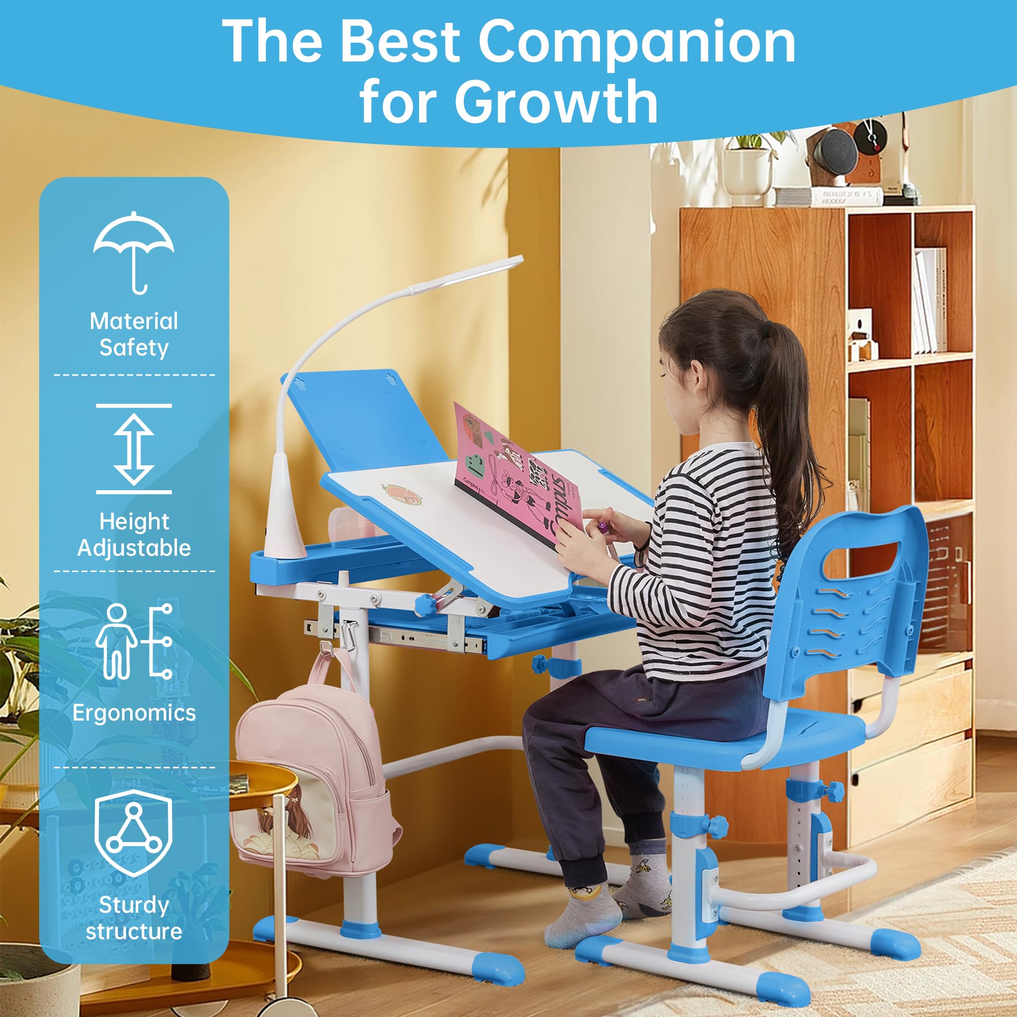 Real Relax Kids Desk and Chair Set - Adjustable Height Study Table with Storage, Ergonomic Children's Learning Workstation for Home & School (Blue) - Perfect for Homework, Drawing & Online Classes