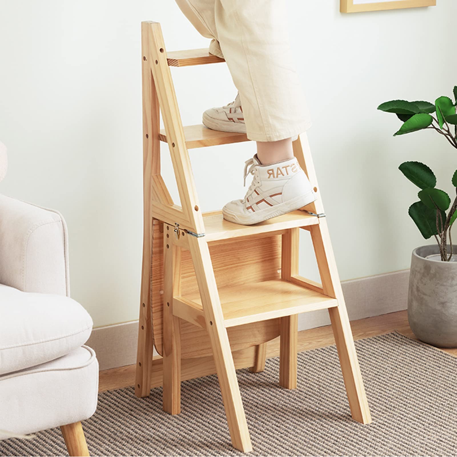 FADUNI 4-Step Wooden Folding Step Stool - Multifunctional Ladder Stool with Display Shelf, Compact Storage, Non-Slip Steps for Home, Kitchen, Library & Closet Organization (Brown)